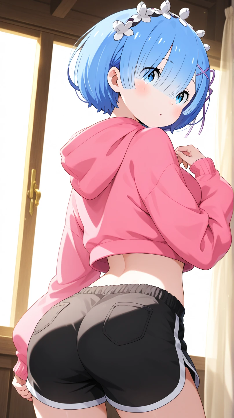 1girl, solo, breasts, looking at viewer, blush, smile, short hair, bangs, large breasts, shirt, red eyes, animal ears, medium breasts, blue hair, standing, tail, ass, short sleeves, thighs, parted lips, shorts, looking back, indoors, medium hair, from behind, rabbit ears, black shirt, short shorts, fake animal ears, denim, t-shirt, rabbit tail, blue shorts, denim shorts