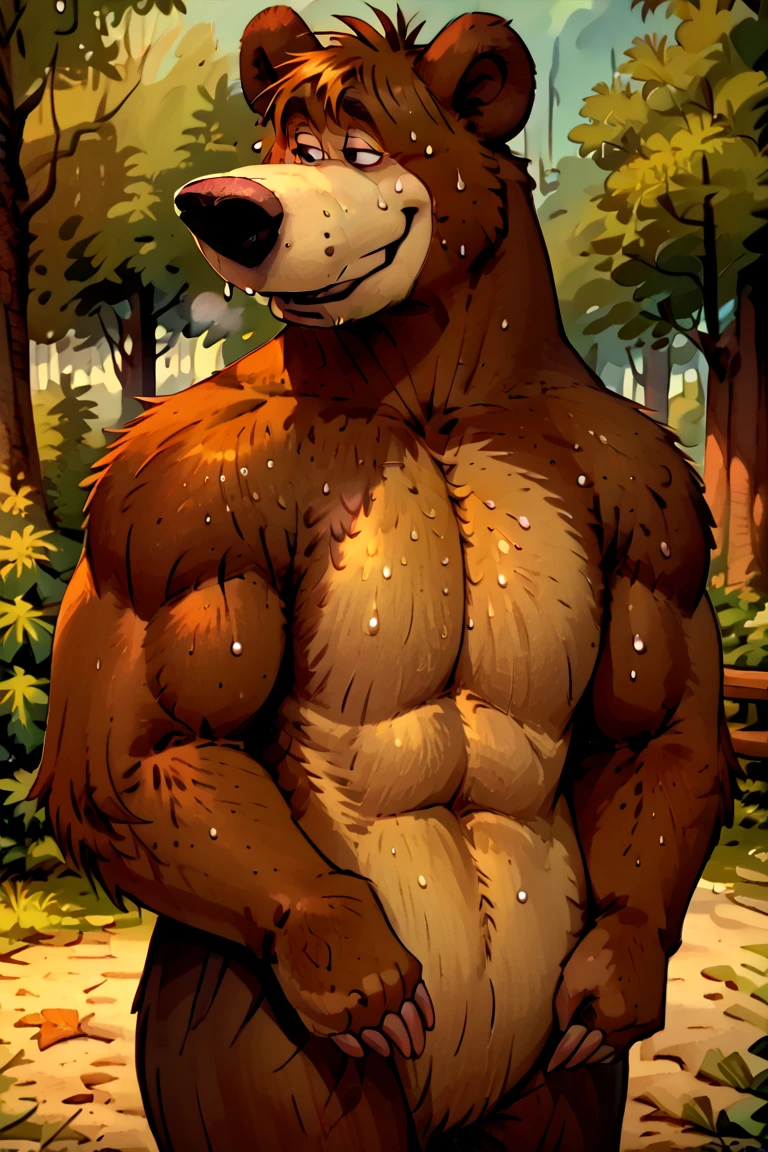 (masterpiece, 4K, ultra detailed), a bear furry, single, masculine, dark brown fur, beige belly, smooth lining, short hair, outside, backyard, pool, sexy, naked, anime, blue anime eyes, cartoony, teenage, athlete, penis