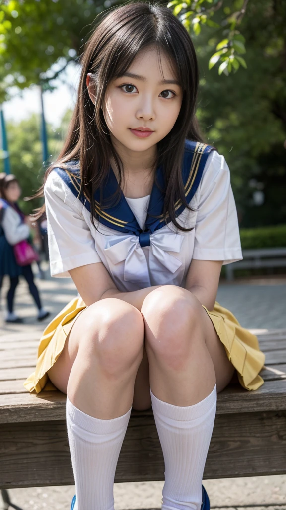 (Yoda Yuuki),(Realistic, photo Realistic:1.2), ((Highest quality)), moving her center of gravity back, Quite embarrassing, White panties, (Showing panties:1.4),Tight Skirt, (Under the skirt:1.3), (Lift up your skirt:1.3), (squat:1.4), Put your heels on the ground, Spread your legs a little, 膝を上げてsquat, Put your butt on the ground, black penny loafers, Beautiful face details, Real human skin, Gentle expression, Front view, angle From below, Realistic, photoRealistic, cute, Short skirt, squat deep on school grounds, cute school girl, Japanese school girl uniform, Sailor suit, whole body,(View your viewers:1.2), from the front, From below,