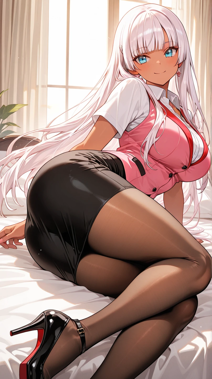 (Tabletop, highest quality, Very detailed), One Girl, Purple eyes, Blonde Hair, Dark Skin, Twin tails、((Nurse uniform))、((pantyhose))、Pencil Skirt、(Bedroom)、M-shaped sitting、(Place your hands behind your head)、(Spread your legs)
