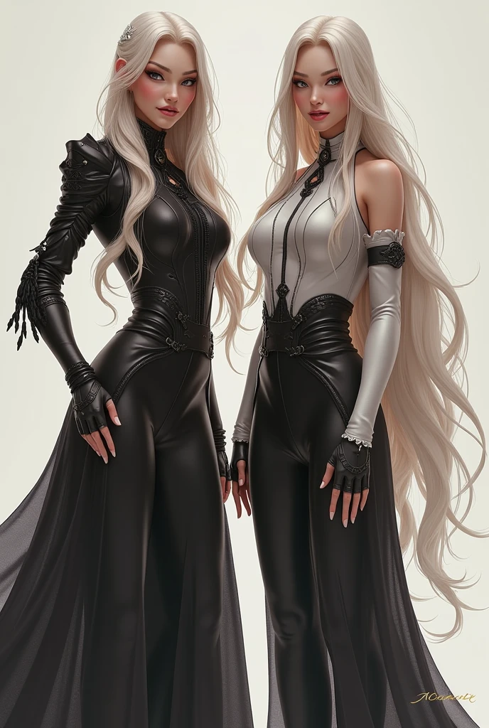 (8K,tmasterpiece:1.2),(Hyper-detailing),(ssmile:1.1),((wavy white long hair):1.3,beatiful detailed eyes,Light makeup,choker necklace,ear jewelry,Pink and moist lips),Two slender women,red color eyes,In the police station,Absurd long white hair,(Police uniform),(Black combat uniform),Female police,Cocked buttocks,((Stretch meat,Fair and moisturized skin)),Be dignified and religious,),(The atmosphere is ambiguous,misty background,a fairy world:1.2),(long white hair)