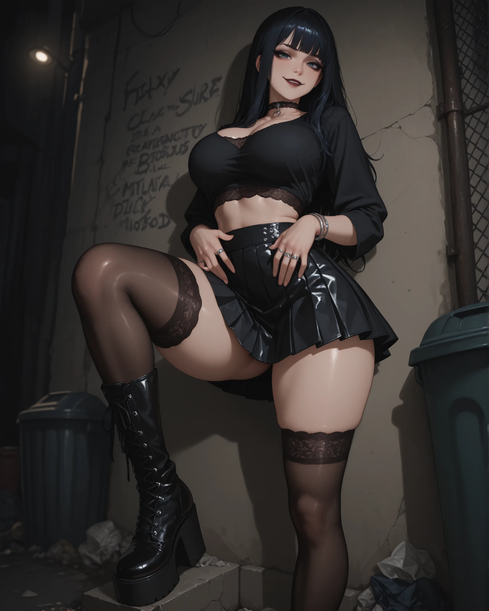 masterpiece, highly detailed, cinematic lighting, hyper-detailed face, intricate textures, stunning composition, perfect anatomy, soft shadows, depth of field, professional digital art, cinematic ambiance, sharp focus, clean and polished rendering.
clear skin, big breasts, thick thighs, wide hips. young girl, black long hair, hair bangs, dark blue eyes, detailed eyes, beautiful lips, black choker, smirk smile.
outfit: gothic-inspired look with a tight black cropped top, deep neckline, lace details, paired with a pleated black mini skirt with chains and silver studs, sheer black thigh-high stockings with lace trim, chunky platform boots, black leather choker with metal ring, silver accessories like rings and bracelets
makeup: dark smokey eyes, heavy eyeliner, deep matte burgundy lipstick, pale flawless skin
hair: long, loose, slightly messy waves, with black ribbons or clips
scene: abandoned urban alley at night, graffiti on cracked concrete walls, dim street lights casting dramatic shadows, puddles on the ground reflecting neon signs, trash cans and old metal fences around, gritty, dark, rebellious and seductive atmosphere
pose: nsfw pose, sensual, sexy and provocative, upper-body view:2.5, (standing with back against wall), (one thigh lift), hands on waist, (front view)
