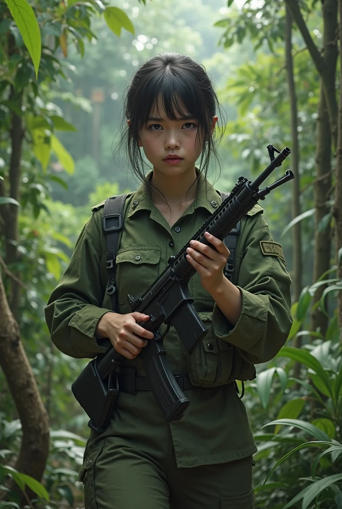 scenecy,photography of,Ultra photo realsisim, (solo), 1 pretty Chinese girl,holding alpenstock,with short black hair,Wear camouflage,Back military bags,In the jungle,many Small animals surrounded,small stream,inverted image,Perfect body,delicate face