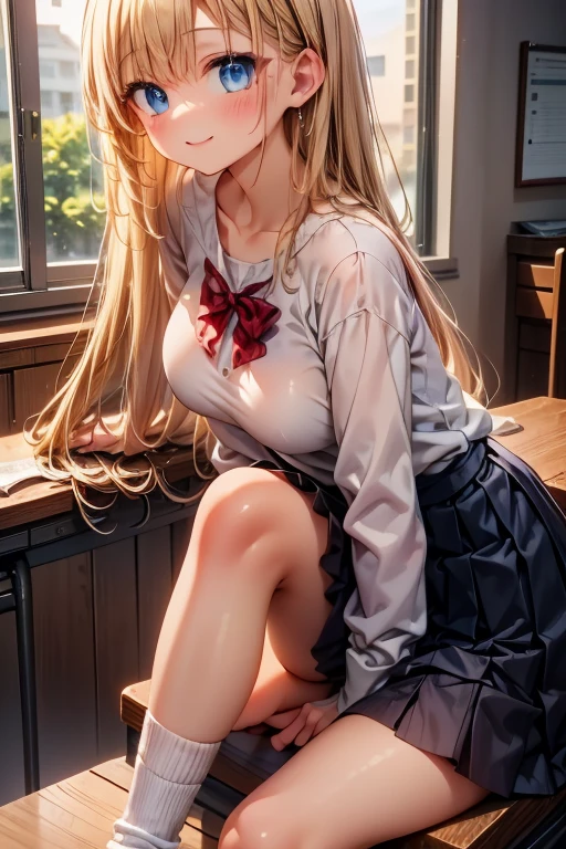 porn image.(from below:1.2),(1girl,ultra detailed skin,curvy,,beautiful breasts,large breasts,pale skin,pointy breasts,erect nipples),(Hyperrealist portrait,(8k),ultra-realistic,high detail,high resolution,best quality,masterpiece,Sense of presence,Dynamic,bold),(thin and soft hair:1.8),(straight hair),(Swept long bangs),(extra light coppery amber hair),(hair over one eye),(clothed:1.5,school uniform:1.5)