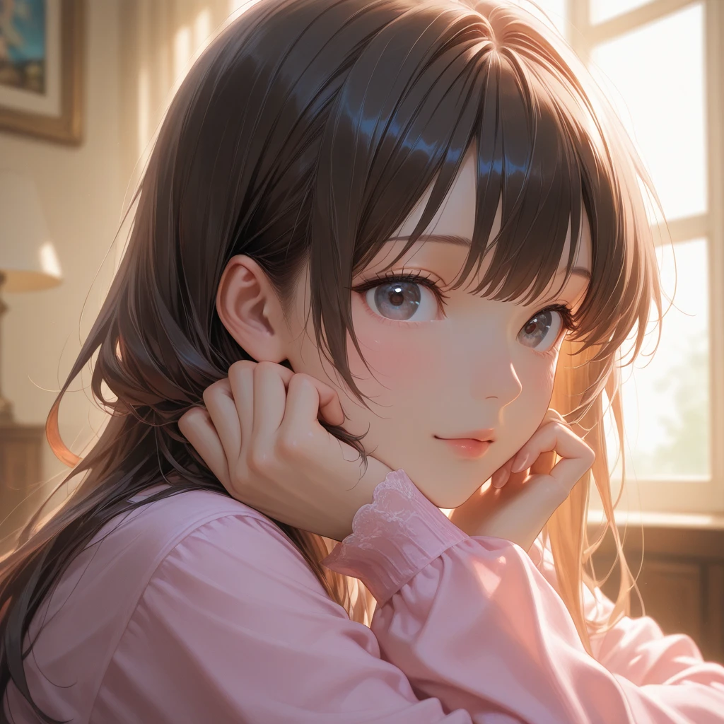art by Cornflower, dready(A petite girl,Has a beautiful pair of delicate eyes。The depth of field in the photo was perfect,Lens flare adds a nice touch。The delicate details on her face really stand out,score because this photo is definitely greater than 10。In the background,Bed in a girl's room outside,wearing pajamas