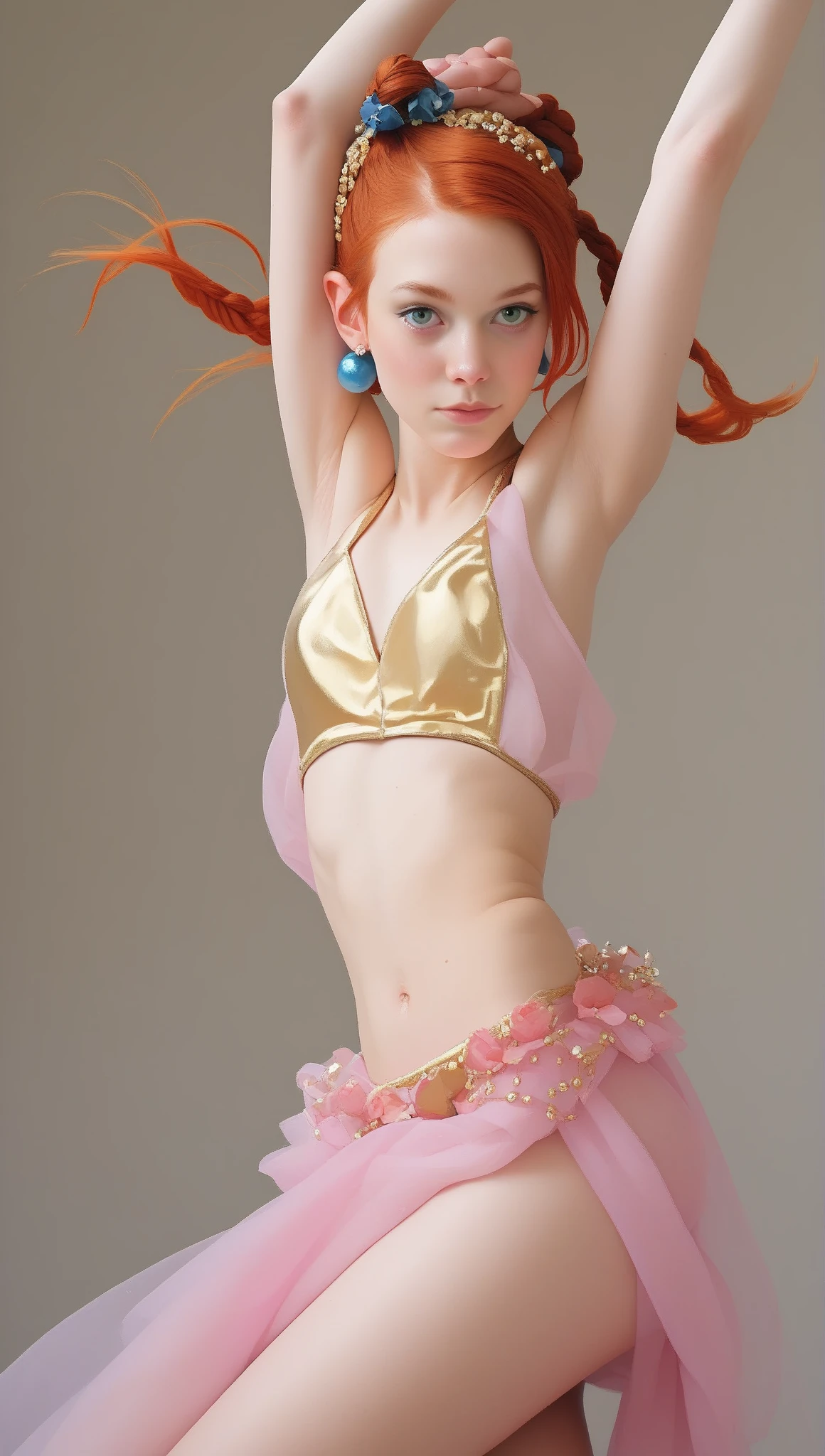 ((highest quality)), ((masterpiece)), (Realistic details,Tabletop:1.0,High resolution:1.2,Realistic:1.4,8k, RAW Photos:1.2),((A Japanese female idol with a very small bust:1.4)), Beautiful, symmetrical eyes with long eyelashes:1.2,19-year-old symmetrical and beautiful Ulzzang full makeup idol face 1.2,((A beautiful, white smile:1.4)),Thin and slightly pale eyebrows,((pink and blue medium hair:1.2,Swept bangs:1.2,Glitter hair ornaments:1.2)),(Detailed fair skin:1.2),( Models are photographed in front of colorful walls:1.2),((Frontal head-to-knee cowboy shot:1.45,Standing waving gesture:1.3)),Spotlight:1.1,(((Very small breasts:1.87))), ((A well-trained, slender body:1.75)),(Short torso:1.22),(Broad shoulders:1.36),(Narrow waist:1.4),(Small Ass:1.2),(((Fine abdominal muscles:1.68))),(Muscular limbs:1.3),(Very thin thighs:1.4),((A super tight, super short, shiny, multi-colored high-neck idol costume:1.22,Fits tightly on very small breasts:1.4)),(Fancy Necklace:1.1,Sparkly earrings and necklace:1.1),((Center composition from the front:1.25)),