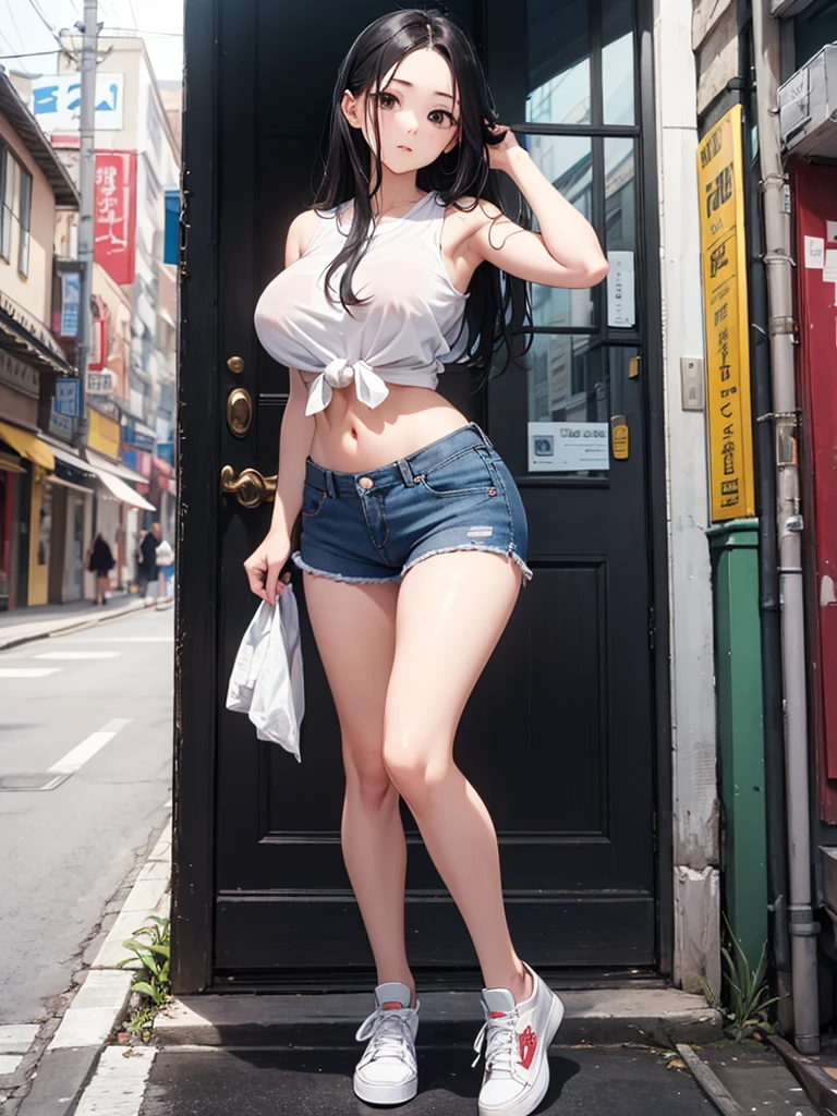 realistic, 1 women, best quality, 12k, HD, long hair, big round breasts, cleavage, ponytail, necklace, jewelry, shorts, short jacket, slim hips, hair tie, yellow eyes, black hair, super detailed, Eye details, hair details, person details, mouth details, face details, breast details, clothes details, hair details, pants details, hand details, whole body