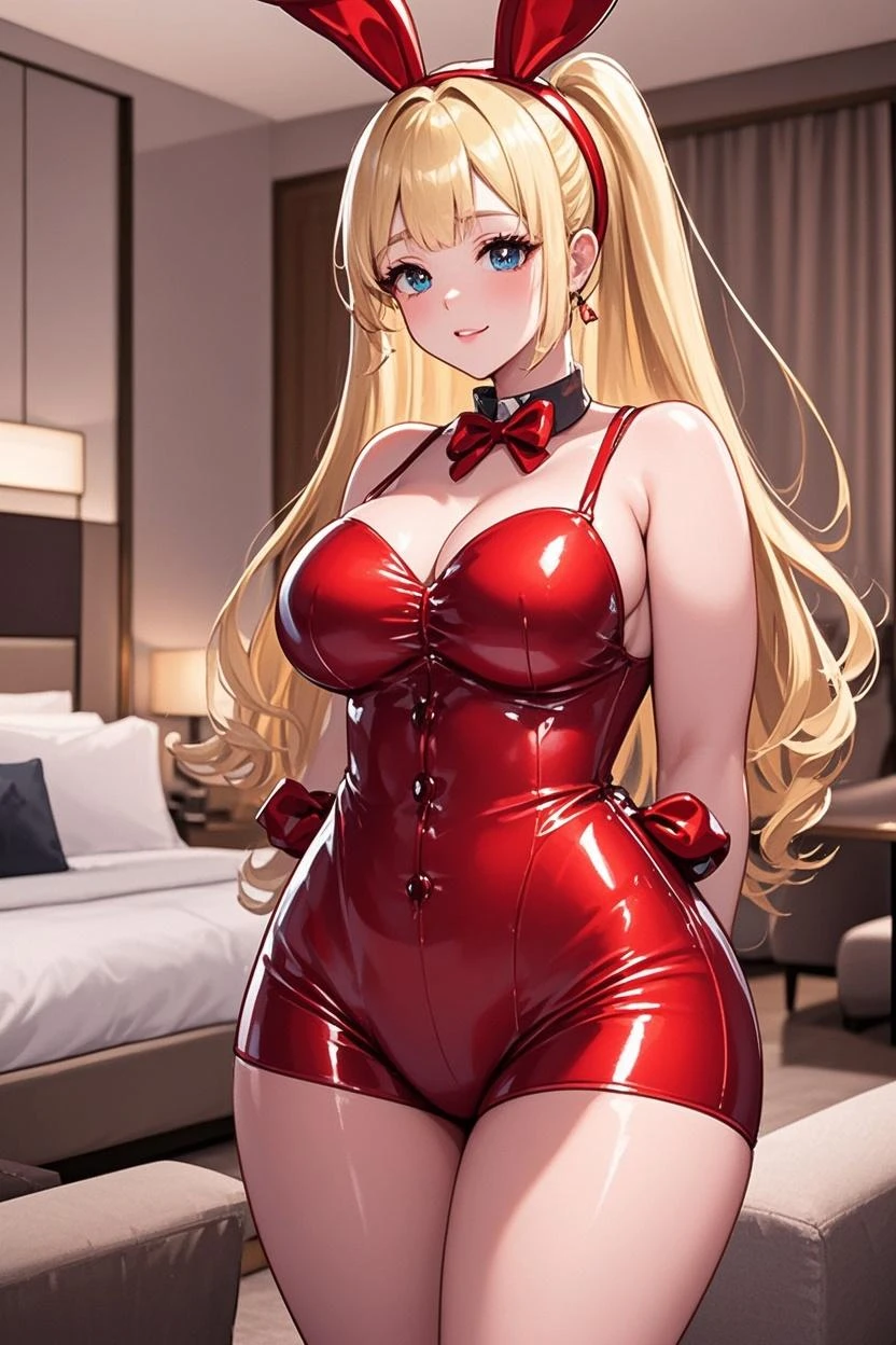 (Highest quality). (Super detailed). (One girl), View the viewer. (Detailed Background). Beautiful and fine details. Delicate and beautiful face. (High saturation), Big breasts, Saggy breasts, Sexy rubber suit, whole body, Long legs, (((Huge breasts))),Blonde,antakamaki,pregnancy,smile,Big belly,brainwashing,Hypnosis