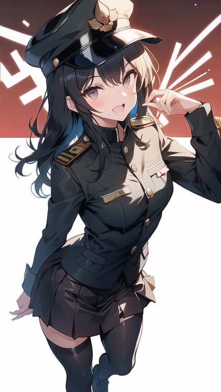 Big breasts, black hair, long ponytail, red eyes, dark blue microskirt, navy uniform, dark blue clothes, white background