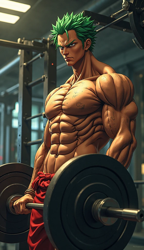 Muscular athlete, bare chest, lower body uncovered from thighs to feet, long flowing curls, meticulous muscle definition, lifelike portrayal, 4K quality. Background: Modern gym with exercise equipment and mirrors,32k uhd, best quality, masterpiece, super detail, high details