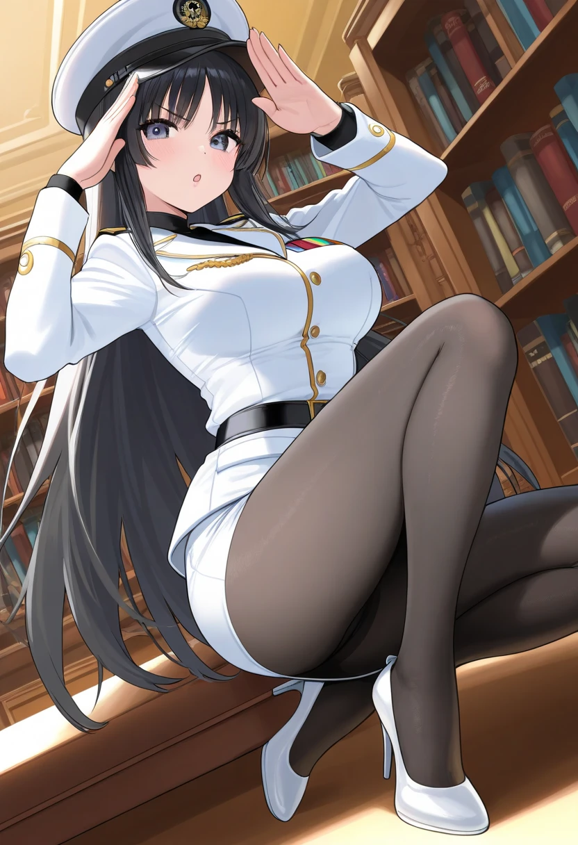 A woman wearing a white female military uniform with gold details, exposed thigh, long maroom stockings, white heels, golden medal, white gloves, ((Huge breasts)), yellow eyes, very dark black hair, long hair, long neko ears, smiling, walking on a Japanese platform, with views of traditional Japanese houses, full length, anime style, sparkle, drop shadow, bloom, UHD, masterpiece, accurate, ((anatomically correct)), textured skin, super detail, high quality, best quality, 8k, highres, (solo woman)
