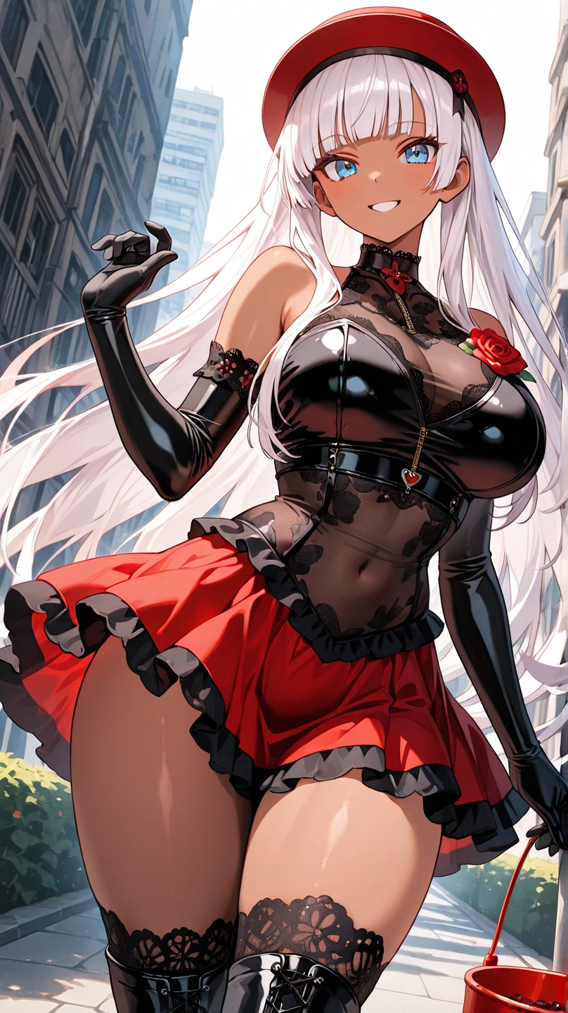 (best quality), (full body) best illustration, 1girl, beautiful detailed face, pretty_face + round_face, beautiful detailed eyes, transparent eyes, (gigantic breasts), bishoujo: 1.3, perfect face, solo, extremely detailed CG, high quality, dynamic angle, (masterpiece), (red eyelashes: 1.1), (eyeliner: 1.2), (deep blue eyes: 1.2), (large eyes: 1.2), narrow waist, shiny skin, illustration, very long bangs, masterpiece, ultra-detailed, (high resolution, distinct_image), CG 8k wallpaper unit, looking at the viewer, Illustration, 1girl, light layer, glossy skin, (detailed intricate, (tense clothes)), silver hair, very long bangs, black choker, long hair, hair between eyeature female), (((giant breasts, huge breasts)), pointed ears, red lips), (embarrassed), (corset, cleavage, tight clothes, frilled clothes, filled skirt, black panties, cameltoe)