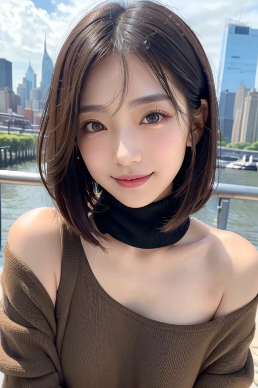 (((Brown, shoulder-length, straight short bob)))、(((Her background is in downtown Hawaii..、Pose like a model at the hair salon.)))、(((Casual black winter street fashion)))、Face close-up、Half Japanese and half Korean、18-year-old girl、independent、look forward to、Light eye makeup、Brown Hair Color、flat 、Hair blowing in the wind、Quality of actress、Shiny, Ultra-realistic faces、smileの表情、Watery eye、look up、Pleasant lighting effects、 Ultra-Realistic Capture、Very detailed、High resolution 16k human skin closeup。Skin texture must be natural、Must be so detailed that pores are visible、skin is healthy、There must be a unified tone、Use natural light and color、High quality photos taken by modeling agencies'Exclusive photographer、smile