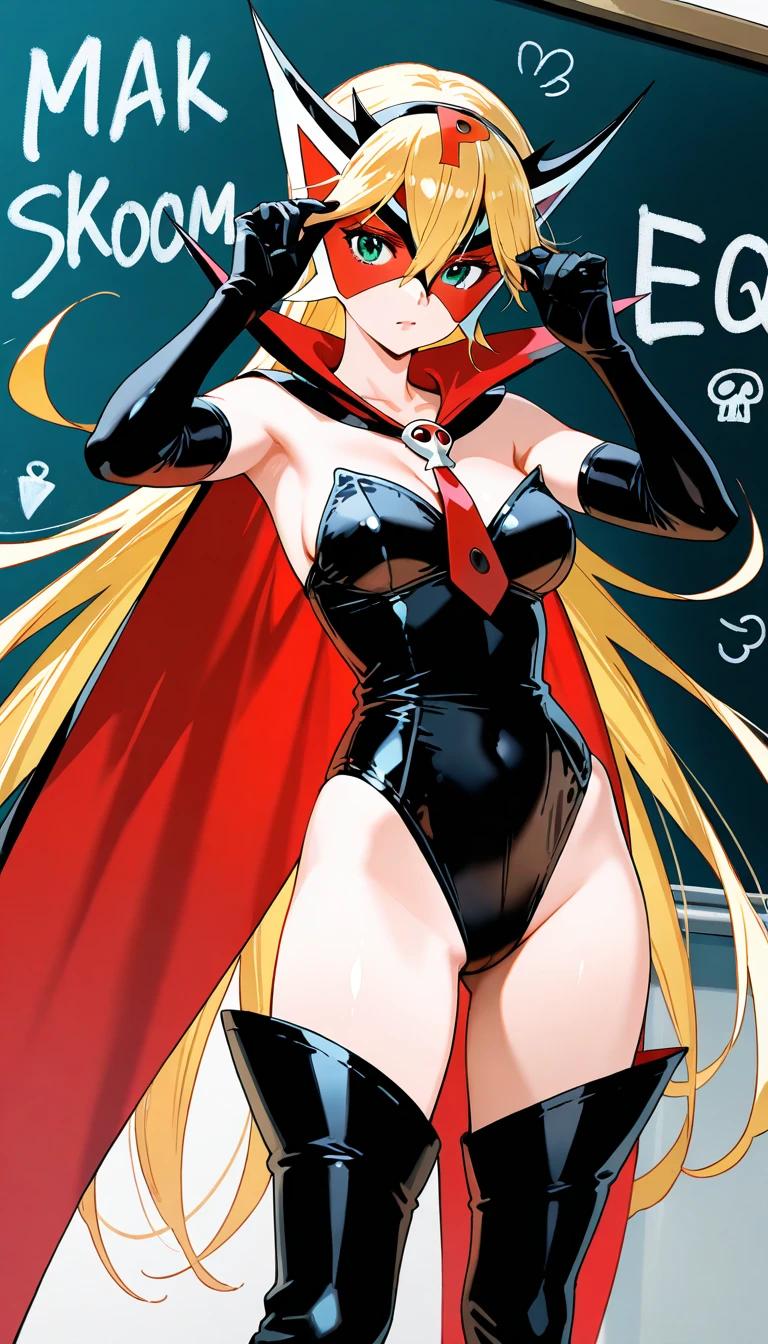 Carefully draw the face 5 year old girl High-quality faces in anime style a blond Shiny black full body suit Red lines all over the body seductiv a smile Morrigan Aensland sprawl