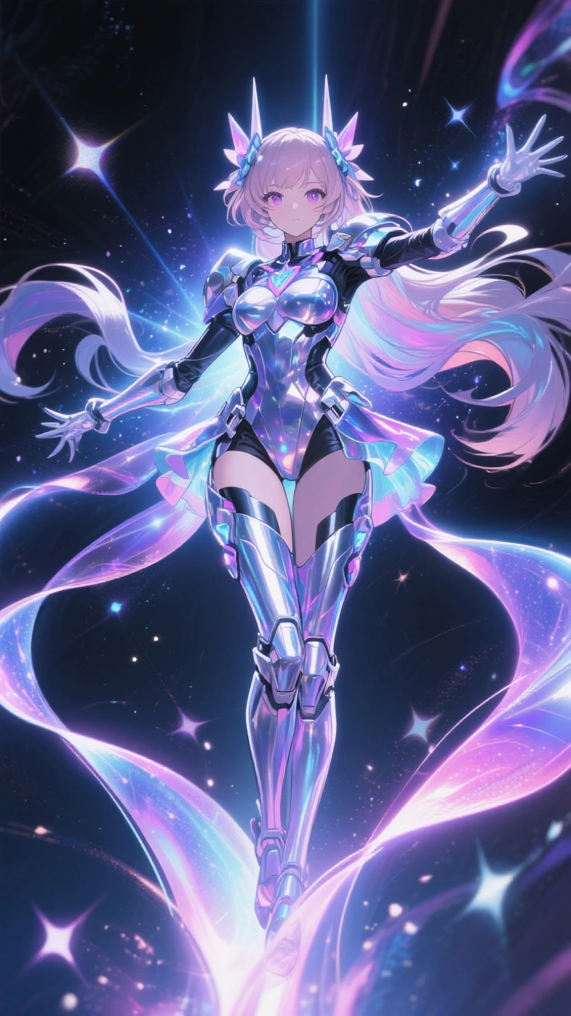 best quality, 32k, incredibly absurdres, extremely detailed, Intelligent beauty, silver short ponytail, red eyes, excited look, shiny seamless enamel latex rubber bodysuit, sparkling, shining brightly, shiny chrome plated, shiny gold plated, shiny silver plated and sparkling, shining brightly, finely crushed ruby, pink sapphire, blue topaz, emerald, amethyst, diamond, crystal, rainbow moonstone, white opal room, steampunk, dieselpunk, clockpunk, blend art, mixture art, fractal art, art design, motion-blur, action-lines, speed-lines, background swirl, static electricity, electric discharge, geometric pattern, irregularity, mysterious, sign of something happening, image processing with mysterious effects, translucent, fantastic haze, scattered gold powder, iridescent wind-effect, light-effect, professional lighting, BREAK , background tarot card style image, gear shape in iridescent, rainbow colors neon line light, variety of visual styles that combine various artistic elements like a sparkling iridescent rainbow