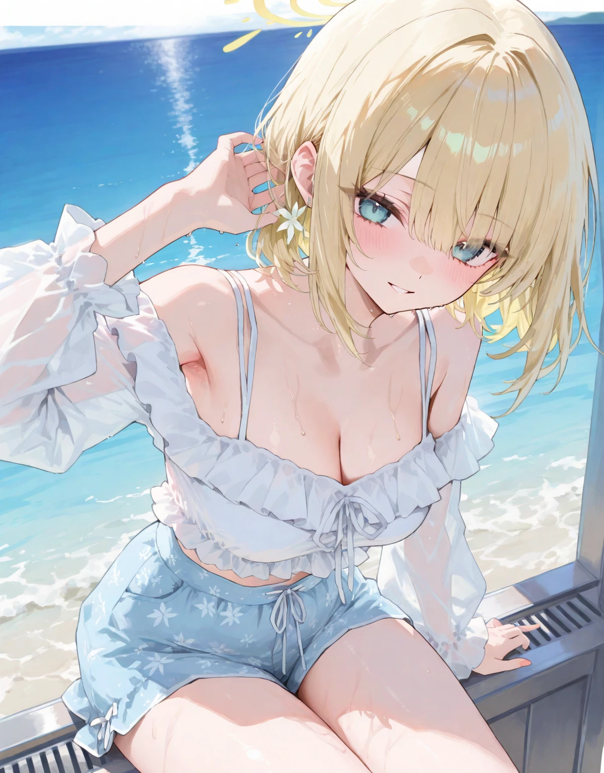 Absurd, Very detailed,Bright colors, Very beautiful and detailed anime faces and eyes, Look straight, ;d, Shiny_skin,Age 25, short hair, , Asymmetrical bangs, (Blonde short twin tails:1.4),(Take off your clothes:1.7),(No bra:1.4),Shiny hair, Delicate and beautiful face,(surprised:1.7) ,blush,Sweat,blue eyes, White skin, Valletta, Earrings, necklace,(Brown sleeveless:1.2), Beautiful Clouds, Twilight Sky,