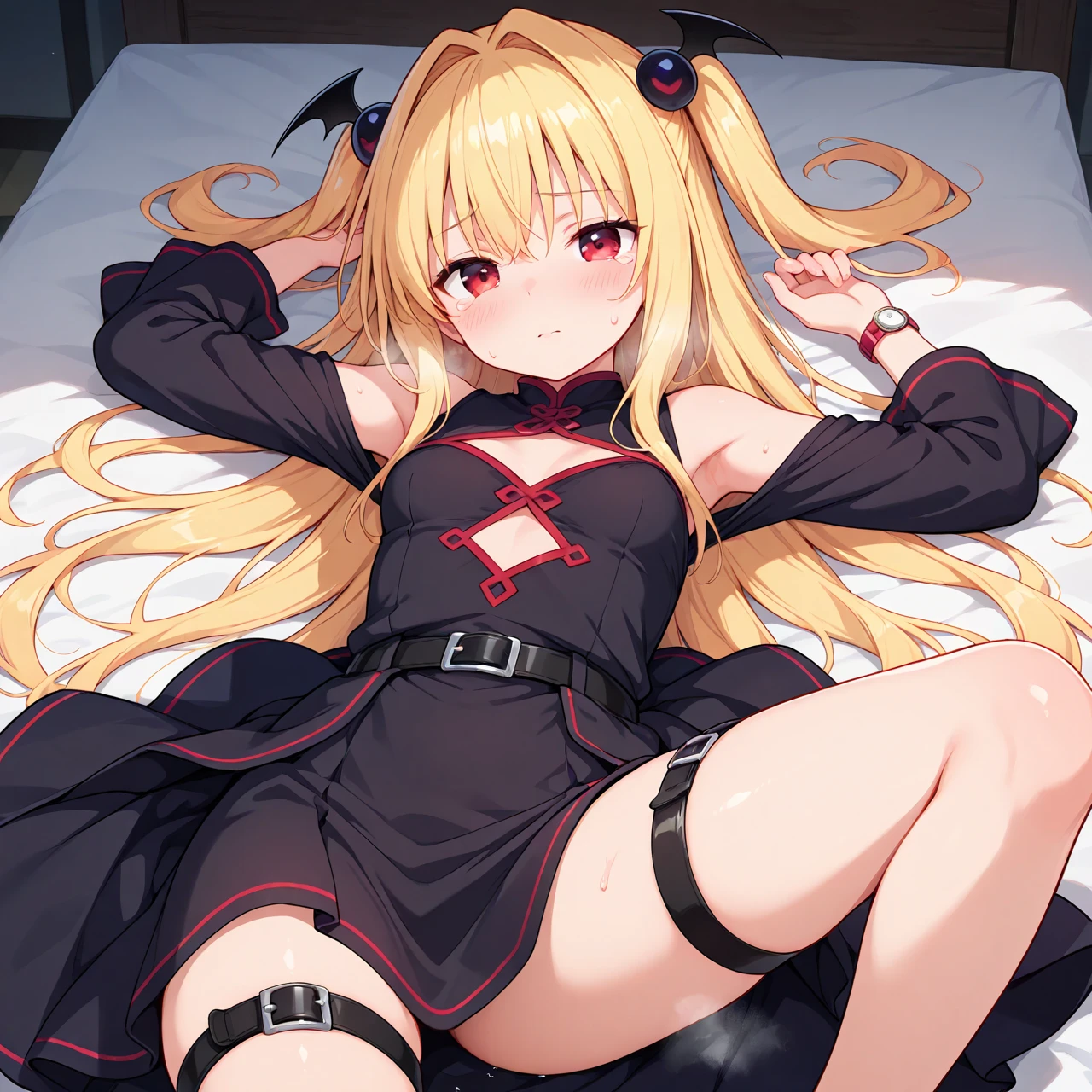 Score_9, score_8_up, 4k, 8k, detailed face, source_anime, vampire girl with small breasts, young girl, skimpy outfit, ass, pert ass, thick thighs, blonde hair, long hair, (mina tepes), spread legs, pussy, anus, gynecologist chair, 