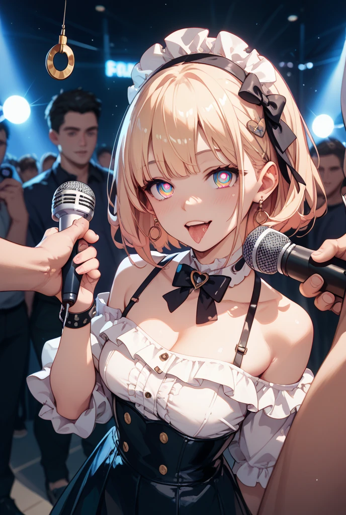beautiful girl、Lively look、Slender and delicate、small breasts、cool girl、live house、Live Scene、Rock band vocalist、high layer cut、short bob、Cream-colored hair with a slight pink tint、It&#39;s a bellybutton、high neck innerwear、cropped top、off shoulder、oversized jacket