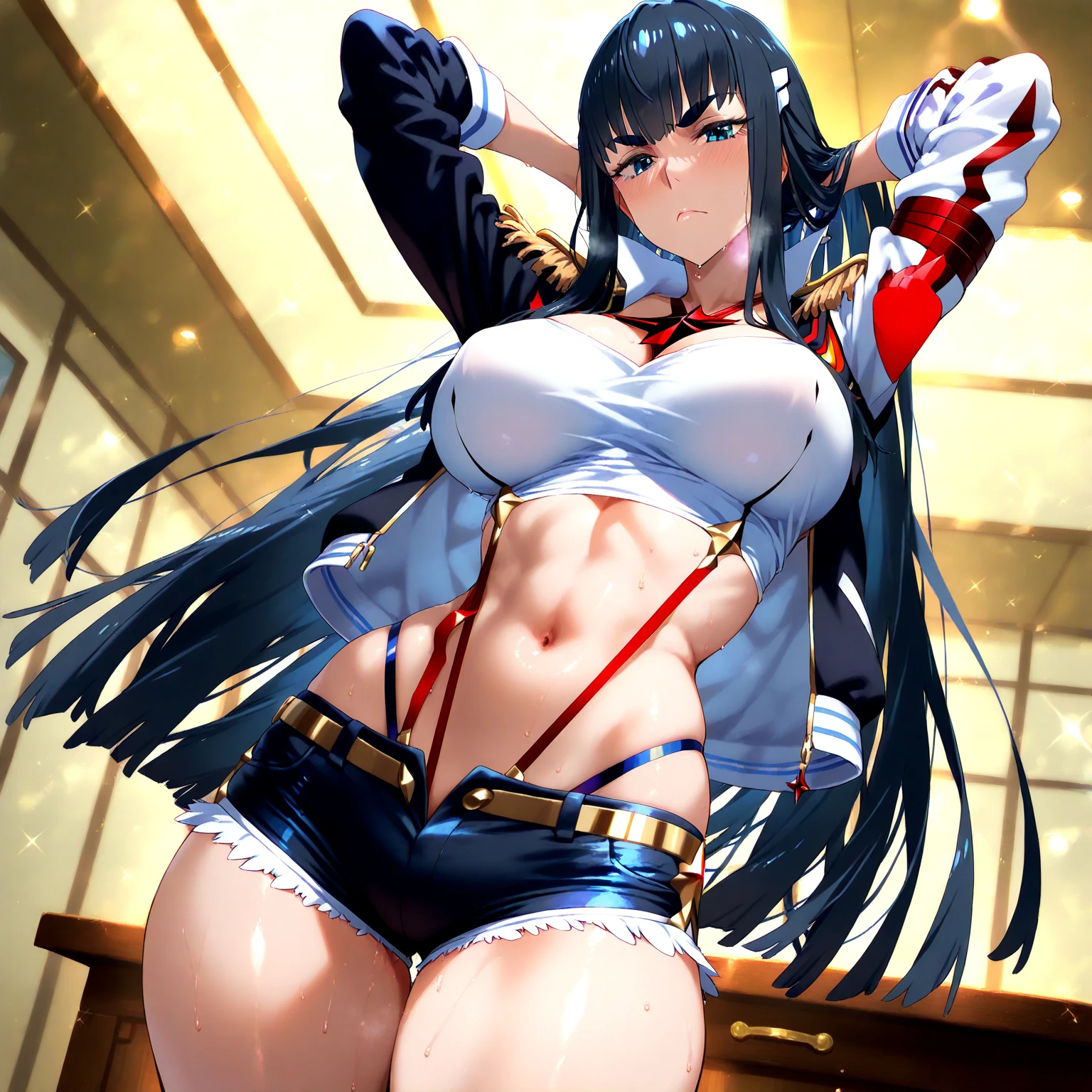 1girll,tmasterpiece,8K,Half realistic,4K,RTX,Shaders,inside of prison,Girl in handcuffs,Incarcerated teenage girls,brilliant texture work,White bikini swimsuit,kneeling to sitting on the ground,Stroke the girl's belly,Poke the girl's navel with your hand,fearful expression,Reluctant expressions