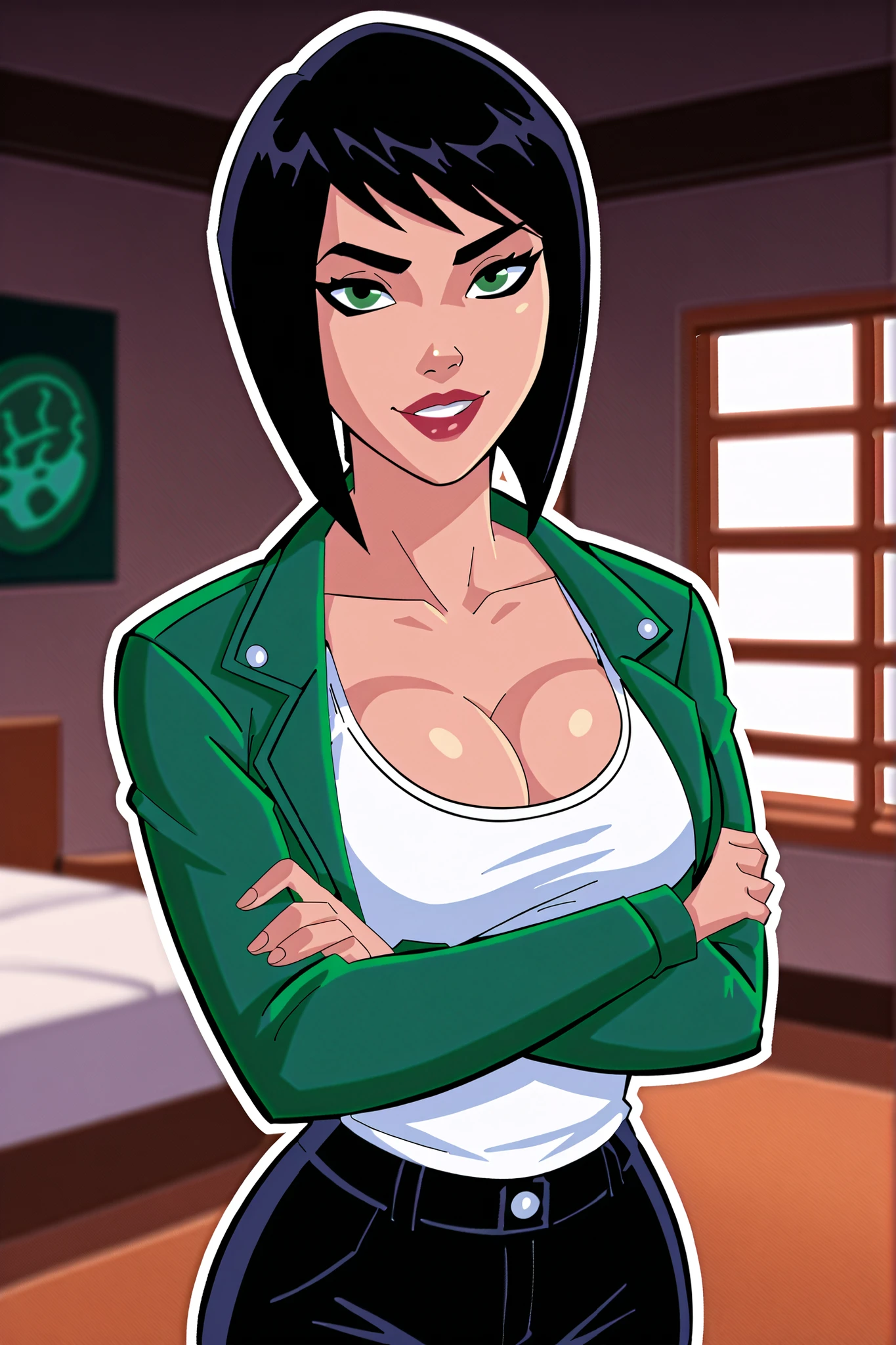solo, 1girl, looking at viewer, bob cut, black hair, tan skin, , cleavage, BREAK, score_8_up, score_7_up, score_9, score_6_up, high quality, best quality, face focus, lipstick, makeup, expression, bedroom eyes, smiling, green leather jacket, white tank top, black leather pants, long sleeves, indoors, bedroom, standing, closeup, portrait, arms crossed, crossed arms