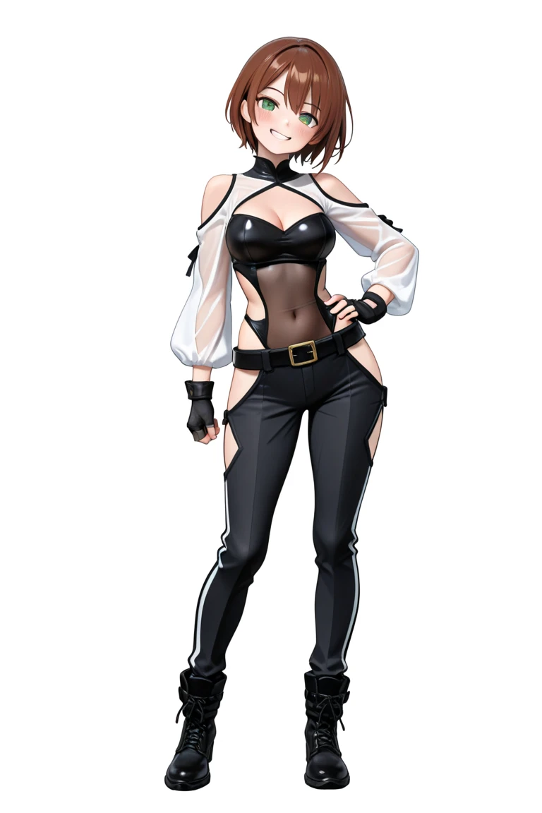 1girl, solo, white background, cowboy shot, hip cutout, sad expressions, pantyhose, best quality, beautiful color, by bigroll