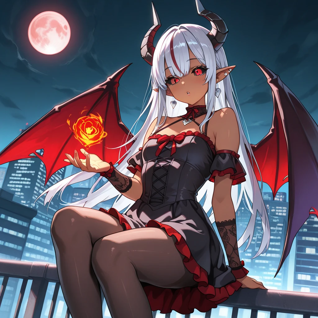 masterpiece, highest quality, be familiar with, 1 girl, alone, night sky, outdoor, full moon, performer, cloud, night,,  dark sakura, (black dress), long hair, evil smile, red ribbon, striped, thighs　big breasts　succubus　Left and right devil wings　I have my hand on my chest