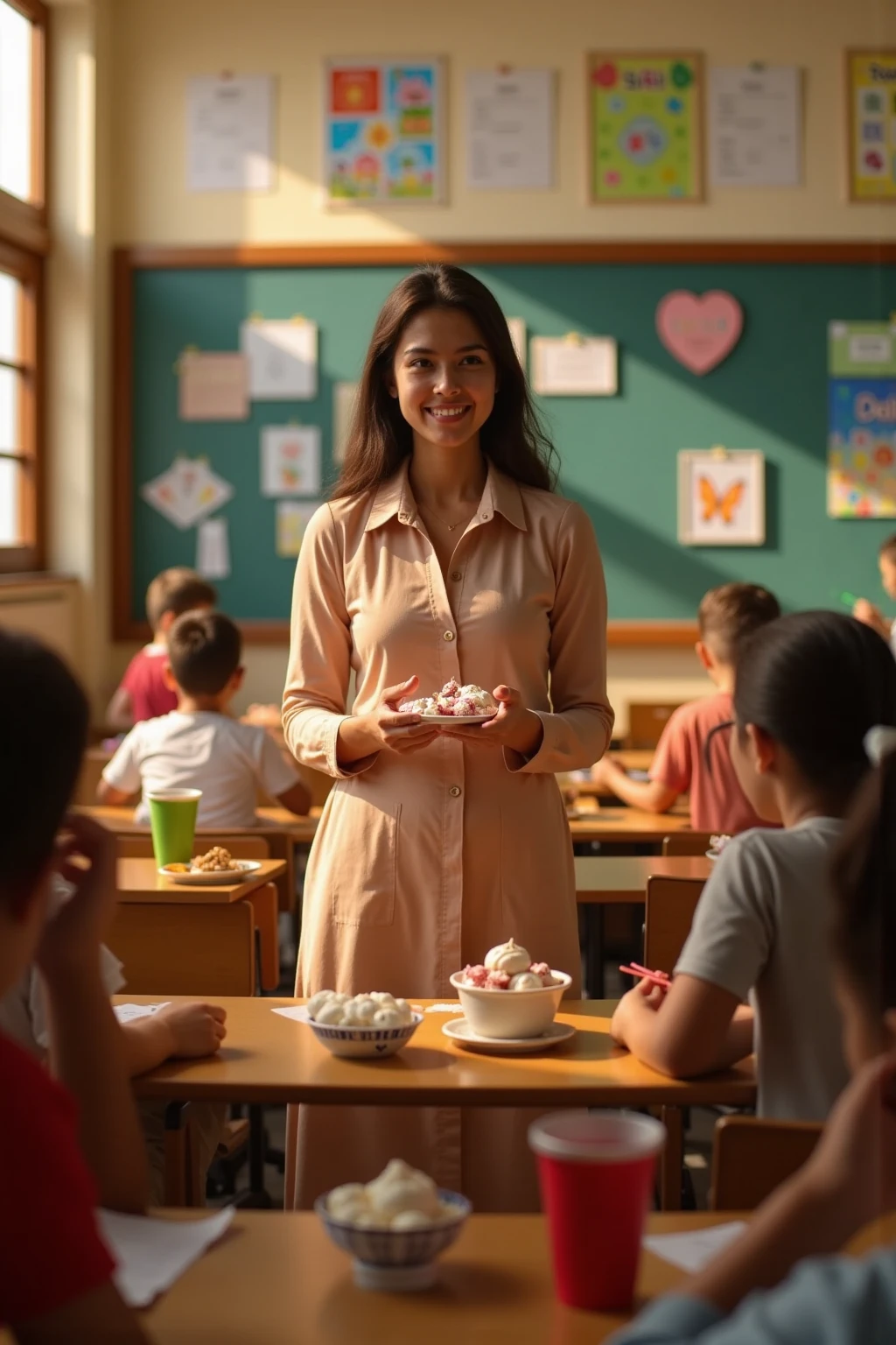 camera prossima to the face, female teacher holding a plate of cupcakes, blonde, sitting in a school chair, eating cakes, has capcakes scattered around the table, 4K food commercial