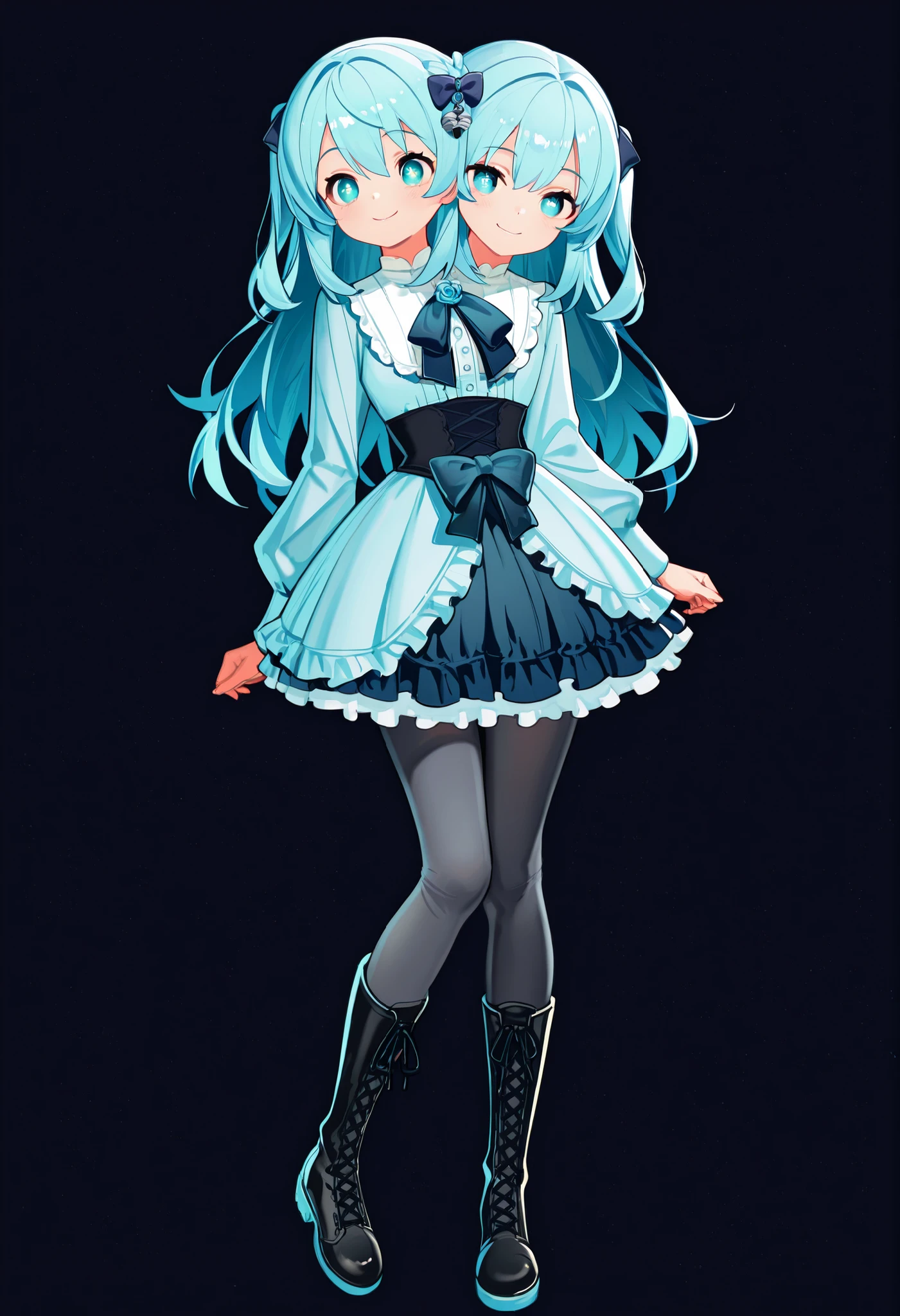 ((best quality), (high quality), (detailed), (masterpiece), good artist, 1girl, (2heads:1.5), ((long waist-length aqua blue hair:1.5)), ((long hair:1.5)),((frilly sky blue and cyan dress with a large waist ribbon)), (a lace-up bodice with a large chest bow1.:0), overlong sleeves and a skirt ornamented with bows, (over layers of petticoats), ((dark cyan tights:1.5)), and (sky-blue lace-up boots with cyan bow ornaments), ((small chest)), ((full body)), gentle smile, detailed pupils