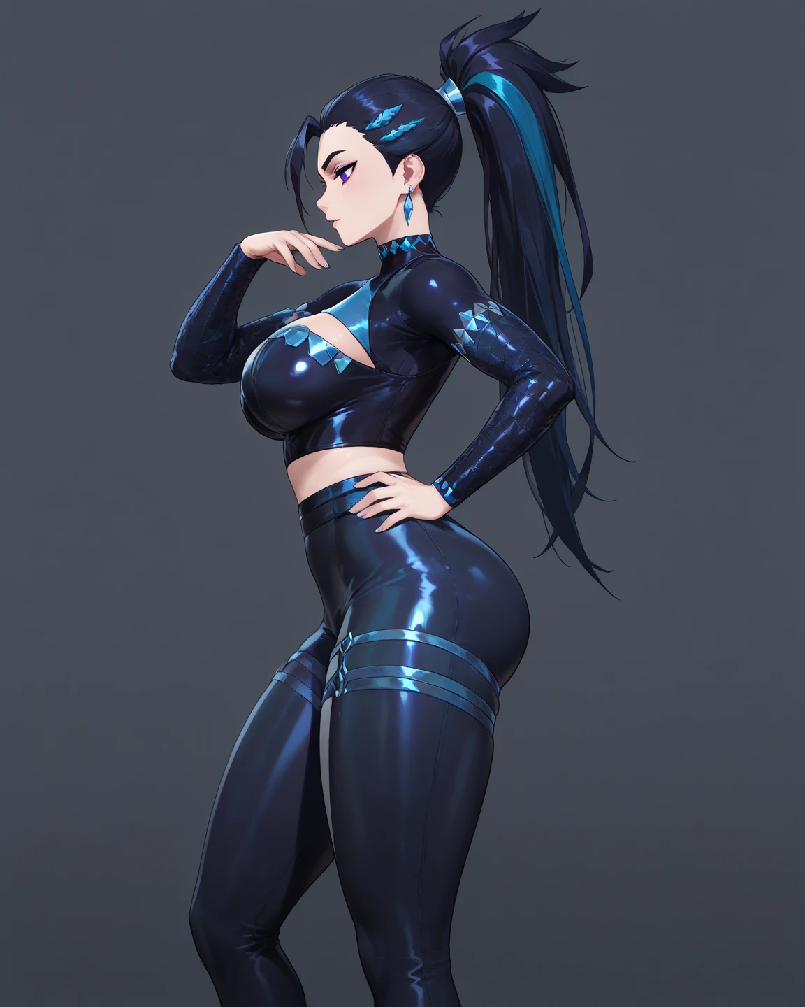 Anime character posing as a model standing with his left hand on his hip, black hair ponytail, blue cheongsam, legs showing off from the slit, knee-length black semi-glossy long boots, pin heels, tall, 9 life, full of self, muscular body, raised muscles, bakibaki abs, protruding blood vessels, high resolution commission, strongest pose, short full-body portrait!, Full body committee, strong pose, old townscape, --auto --s2