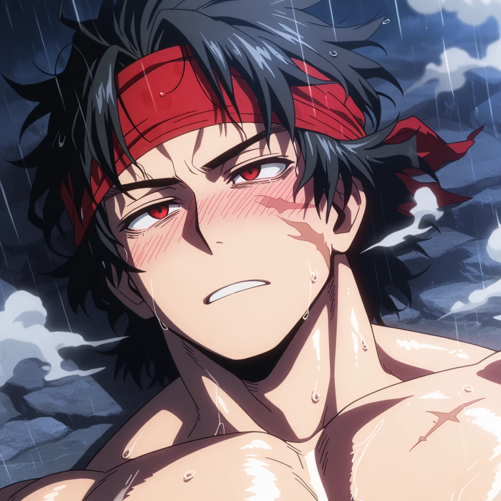 1990s \(style\),
1boy, bangs, blue hair, brown eyes, closed mouth, cross scar, crying, dirty, dirty face, film grain, hair between eyes, looking at viewer, male focus, portrait, retro artstyle, scar, scar on cheek, scar on face, serious, solo, spiked hair, tears, v-shaped eyebrows
<lora:1990s:0.6>