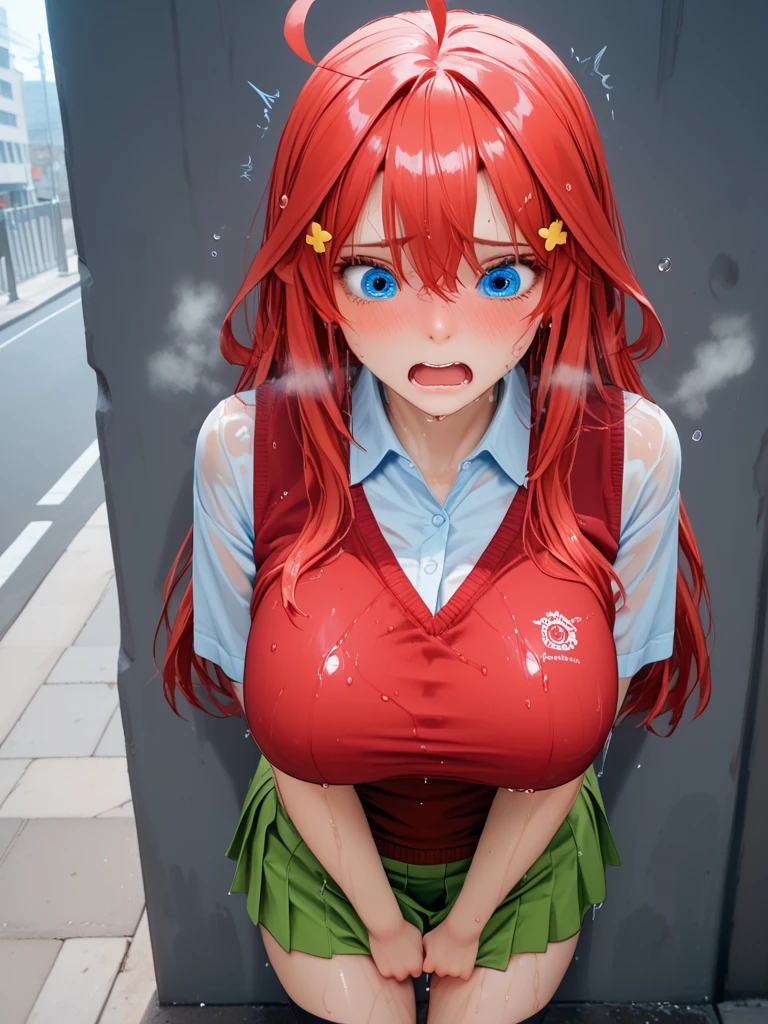 Ikuyo Kita、Bocchi The Rock!、table top、High resolution、many girls multiple girls、large crowd、lots of cute girls、big and full breasts、naughty body、See-through、throw、、whole body、Are standing、Look up at me、confused face、blush、black pantyhose、female shape'Private parts are clearly visible、I can see your nipples、white shirt、navy check skirt、micro mini skirt、very short skirt、Department store、shop、Many people々、in the crowd、bare chest、show your chest、from below、Low - Angle、while holding the tray、place the chest on the tray、Upper grade、A lot of milk comes out from the nipples、Breast milk gushes from the nipple、cat ears maid clothes、Blue gingham check maid uniform、cup with 、Breast milk drips from the nipple、Breasts wet with breast milk、The shape of a woman's private parts is clearly visible、view from a distance、calf、put your index finger to your mouth