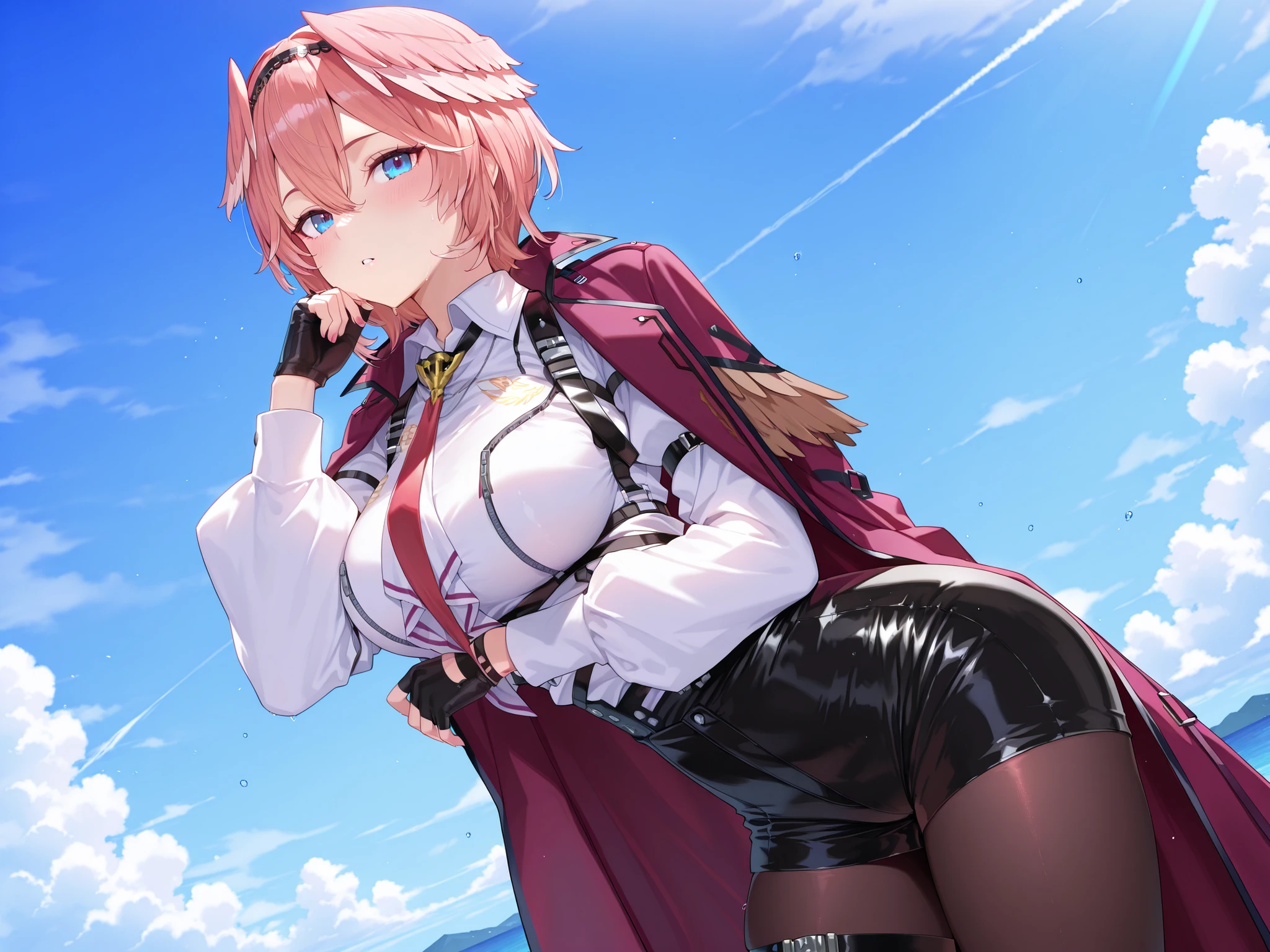 solo,masterpiece,best quality, amazing quality, highres, absurdres, very aesthetic, high resolution, ultra detailed, perfect details,luiIL,luidef, head wings, short hair, hairband, puffy long sleeves, collared shirt, high-waist shorts, red necktie, coat on shoulders, fingerless gloves, thigh strap, pantyhose under shorts,,(masterpiece, detailed:1.2)、mature female,