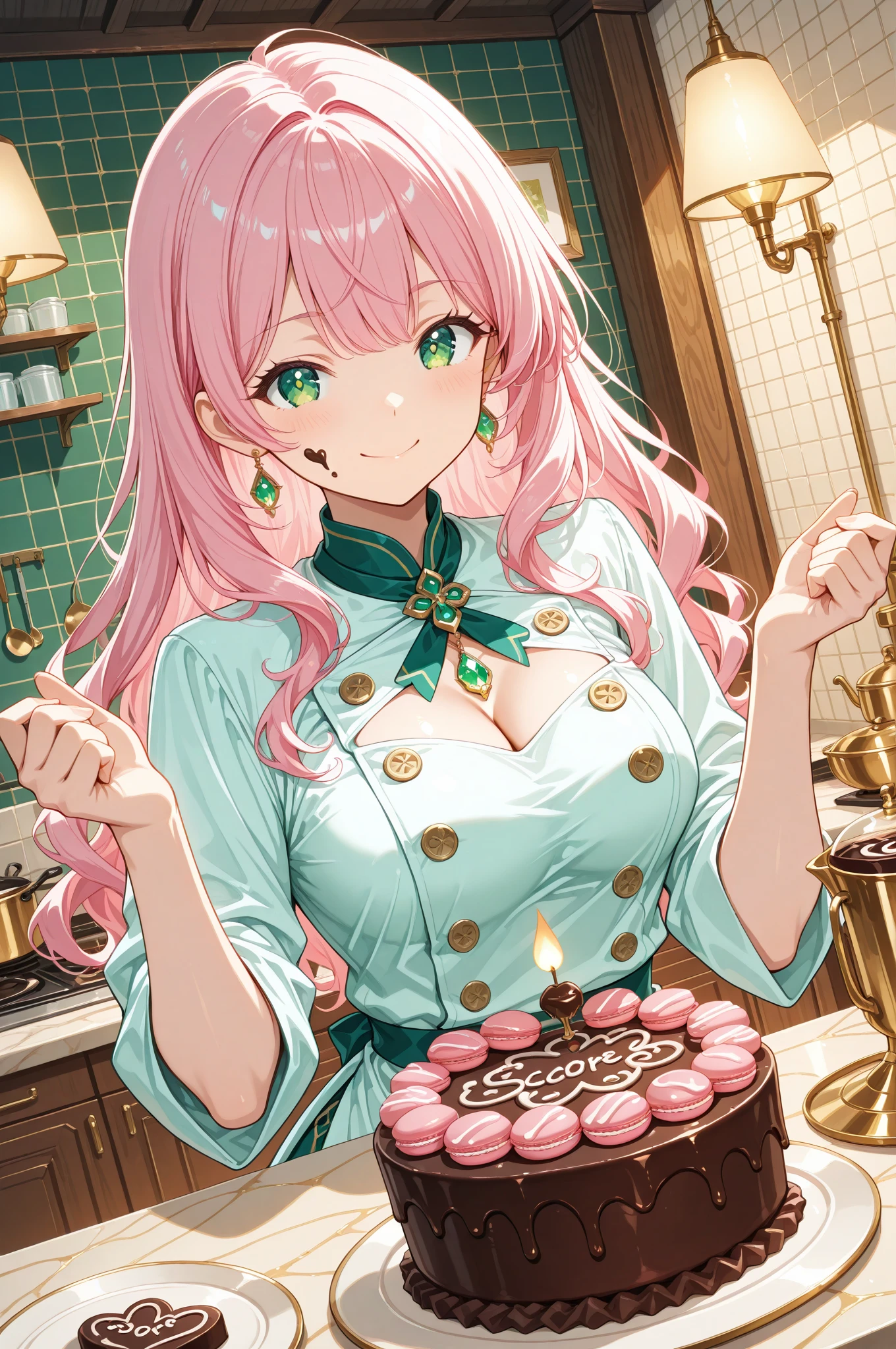 masterpiece, anime artwork, score_9_up, score_8_up, flat anime style, 1girl, 20 years old, delicate Japanese facial features, soft angular jawline, high cheekbones, small refined nose, naturally arched eyebrows, large expressive emerald green eyes with intricate mandala-like iris patterns, detailed pupils with crystalline clarity, sparkling highlights, cheerful smile with chocolate truffle between lips, long natural eyelashes BREAK (pink hair:1.3), silky smooth wavy hair with individual strand definition, styled in loose curls with cooking-appropriate length, detailed hair texture with  shine, glossy surface reflecting kitchen lighting BREAK porcelain-smooth skin with subtle translucency, natural healthy glow, realistic skin texture, joyful expression with chocolate smudge on cheek BREAK pastel pink chef's coat with decorative buttons, detailed fabric texture with professional cut, revealing subtle cleavage, white mini skirt with practical design, black translucent stockings with cupcake patterns BREAK from an angle, upper body shot, demonstrating pose with one hand holding delicate macaron, other hand gesturing to elaborate dessert display, encouraging teaching stance BREAK professional pastry kitchen, warm lighting from pendant lamps, detailed baking equipment with copper and steel surfaces, colorful ingredient displays in glass containers, elaborate cake stands with finished desserts, chocolate fountains with flowing streams, sugar art decorations with intricate details, scattered baking tools with realistic wear, atmospheric depth with sweet aromatic visualization, indulgent culinary wonderland