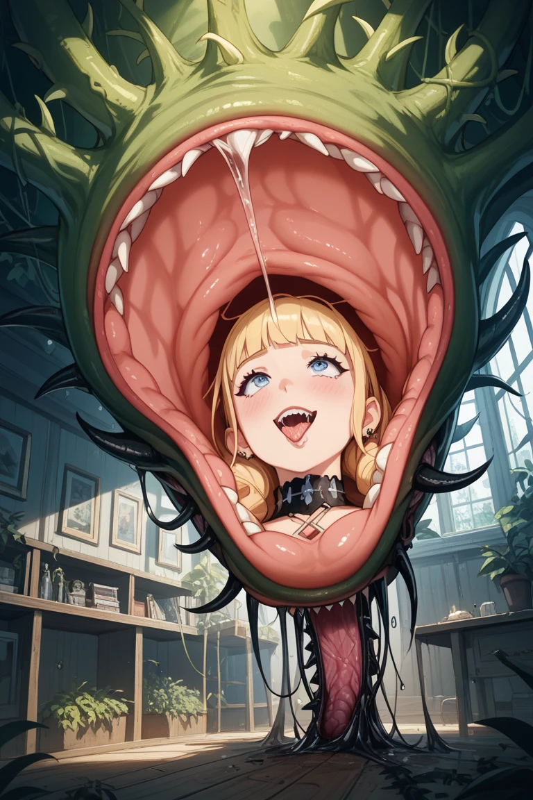 (Show Cate from head to toe)(Cate Blanchett (age 25), dressed appropriate to the scene) is in the Deep Space Exploration Force, having landed her explorer shuttle on a jungle world and set off on foot. She has become ensnared in the eldritch tentacle vines of a man eating plant. Cate struggles to free herself but the vines have already dissolved away almost all of her uniform and now drag her to the huge vicious maw of the plant (tentacles grasping, caressing, squeezing, exploring, many vines enveloping the damsel, forcefully removing what remains of the uniform). Damsel in peril! Slime dripping Alien jungle world. High thrills. High Peril! Desperate Struggle for survival. Show Cate from head to toe, show all of her, full body shot (sfw, vines or rags cover nipples)(Negative Prompt:NSFW)