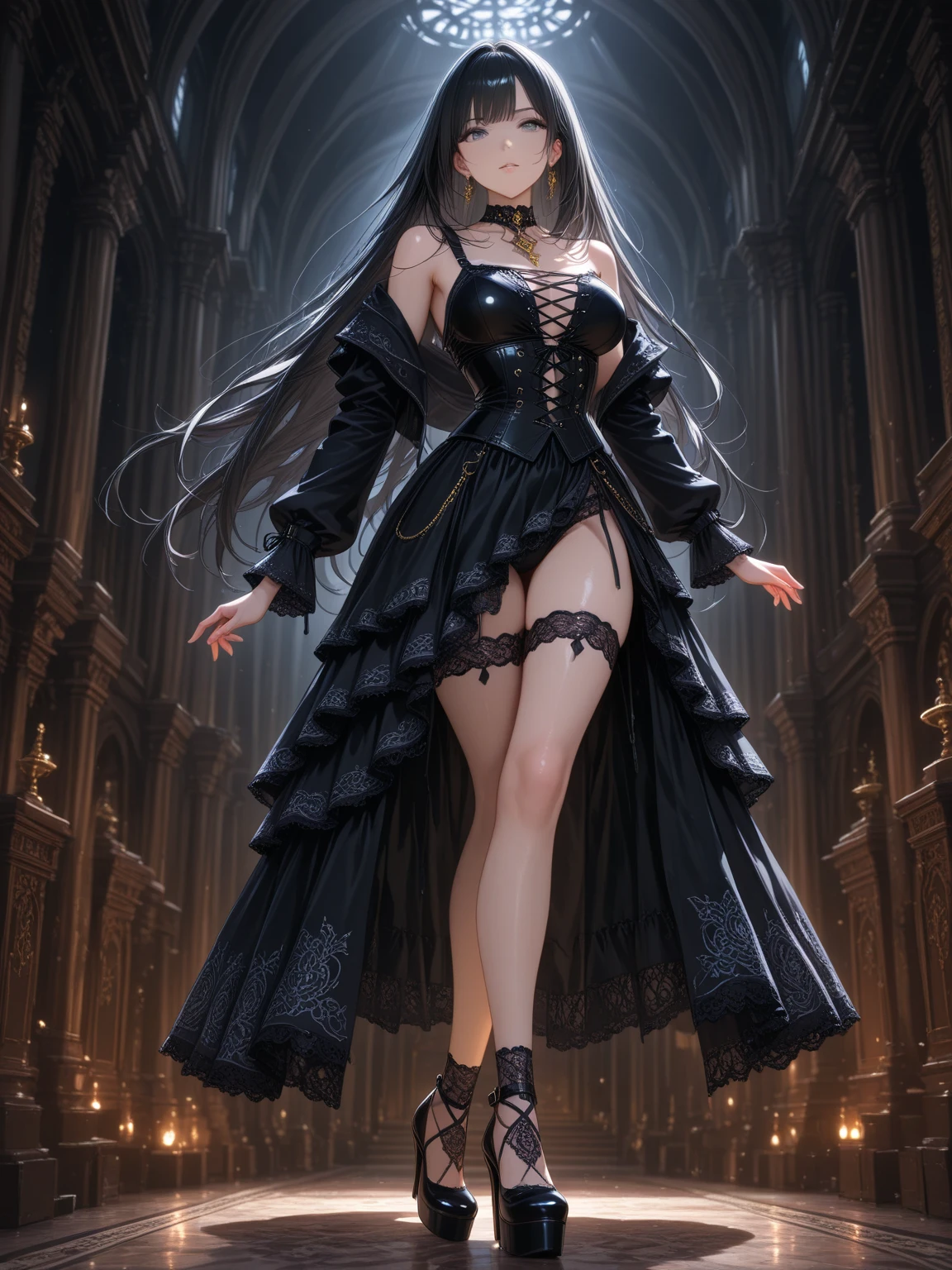 nsfw、(masterpiece, Highest quality, Super detailed:1.3), Perfect composition, 4K, (Very detailed, Super detailed),(Angle from directly below the girl:1.5), Ultra-thin enamel high-leg bodysuit、Ultra-thin long gloves、Knee-high boots, High resolution, 8k Texture, Attention to detail, Very detailed肌の質感, Magnificent details, High Sharpness, One girl, (Fine grain:1.3), (25-year-old woman:1.3),(SM Mistress:1.3)、（A sadistic smile with the corners of the mouth turned up）、（Mouth showing teeth）、(Lift one foot to show the viewer the heel of your heel:1.5）、(Looking down on the viewer:1.3)