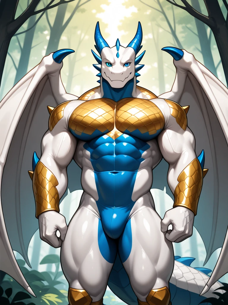 Huge muscles,Devilish wings,Devilish horns,Clear liquid dripping from penis,black costume,Huge erect penis,An angel cloaked in evil aura,The color of the face is Caucasian skin tone.,A white suit with blue lines and an innocent smile,Lots of drooling,Brush your hair back and look up