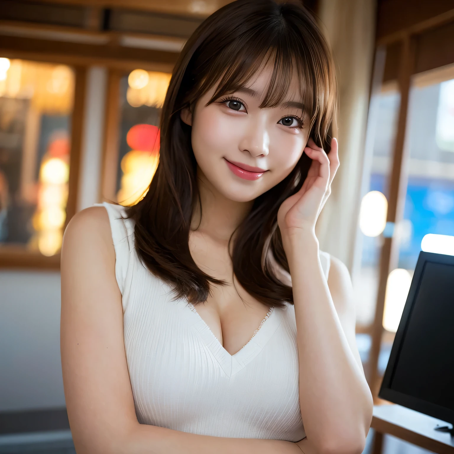 (8K, RAW photo, highest quality, masterpiece: 1.2), 超詳New, super resolution, (genuine, genuine photos: 1.37), portrait, High resolution RAW color photos, professional photos, 非常に詳New and beautiful, 非常に詳New, 8K wallpapers, amazing details, huge file size, official art, highly detailed CG Unity 8K wallpapers, 非常に詳New beautiful girls, 非常に詳New faces 非常に詳New eyes,thin eyebrows、single eyelid、 very fine skin, very fine fingers, very small nose, highly detailed mouth, perfect anatomy,office、sitting on a chair in front of a computer、綺麗な肌のsmooth thighs、Operating a computer、Outside the window is the seaside、 highly detailed background, very fine clothes, one girl, (18:1.2), Ten generations, cute girl, famous japanese idol,Asuka Saito、 cute, realistic body, , white skin, glowing skin, Thick、Chubby、glamorous, black hair, Thin and straight berry long hair, (dull bangs:1.2), smile, cute, like々New , cute顔,calm expression、 small mouth、thin lips、genuineistic face, delicate eyes, sale eyes,Pearl piercing、Wide open chest、Pearl necklace on the chest、Light purple cotton jersey tutu、thin shoulder strap、chest is wide open、deep cleavage、chest is drooping、No bra、Big breasts are heaving、Big breasts are about to spill out、photo from the waist up、firm buttocks、Tulle skirt、smooth thighs、Photographed from 45 degrees in front、keyboard and computer monitor