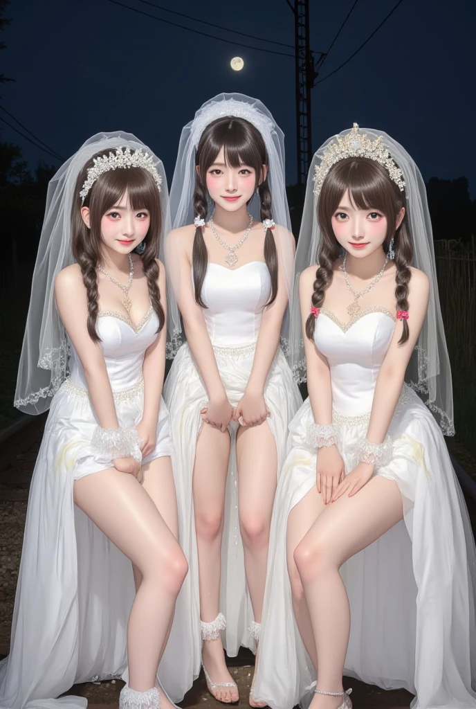 masterpiece, ((Highest quality))、wedding、(three cute naked girls、A good friend、Standing side by side、kawaii:1.4、12 years old、smile:1.3、smile、Mr.々Hair style、pubic hair)、(((Full nudity、tits、Pussy)))、(Realistic and detailed skin texture、pale pastel wedding dresses:1.2、gem、hair ornaments、Veil、See-through)