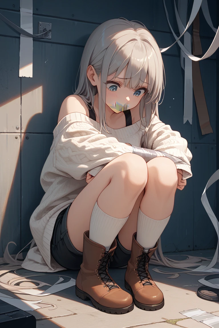 Masterpiece quality high resolution、Anna Tanaka , Long gray hair, sitting down，knee bend、seaside，Eight-headed body、pretty legs、as if looking from below、mortified，