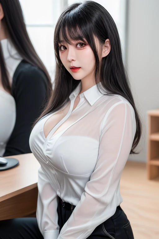 Boob emphasis,Open cleavage,((huge-breasted:1.4)),Looking at me on my desk in an office in a high-rise building、Beautiful woman sticking out her lower abdomen, Dark blue tight skirt, The skirt is flipped up,Sweaty big、 Black Lace T-Back Panties, Open white Y-shirt、(Best Quality,in 8K,nffsw:1.2),(cute Japanese girls),(Huge breasts:1.25),(Collared shirt)、(​masterpiece、top-quality) 、For clear images、Strong sunshine、absolutely outstanding image, very extremely beautiful、​masterpiece, top-quality,a picture, kawaii、(Colossal tits:1.2)、((20 year old woman:1.2))、Young adorable Japan face, dewy skin, close up of face,Soft portrait shots,in 8K