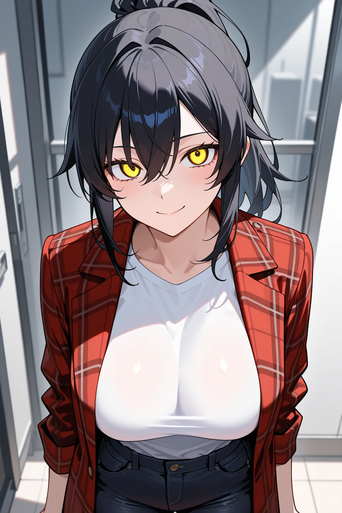 1girl, texas\(willpower)\(arknights), arknights, upper body, sitting, wolf ears, black hair, ponytail, yellow eyes, breasts, cleavage, looking at viewer, light smile, red shirt, open shirt, ????? shirt, on bed, masterpiece, best quality