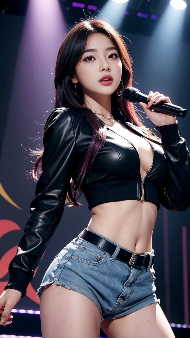 Mulher jovem, bonita, rosto perfeito, saia curta azul e top preto, top com decote, cleavage, botas pretas, roupas curtas, abdome exposto, abdome fino, encostada em uma parede cinza, Mulher sul-coreana bonita, linda mulher coreana jovem, cabelos loiros, menina coreana, Modelo de moda feminina coreana, Jiyun Chae, azul e preto, Parque Ji-min, mulher coreana jovem bonita