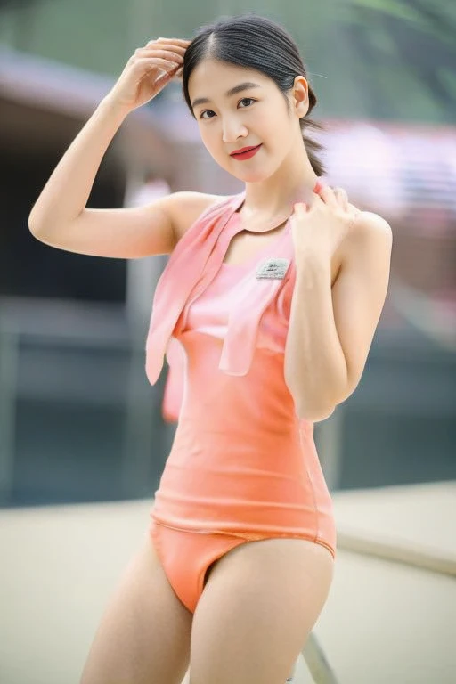 A pretty girl with perfect figure,(Lori,sixteen years old), (White one-piece swimsuit with floral pattern), Very small breasts,Straight super short black hair,bangss,Stand in the ring of professional wrestling,extremely detailed face and skin, Detailed eyes, Double eyelids, little smiling,put hands on the hip,Wrestling boots,shairband,Lace gloves,Less muscle,AKB48,独奏