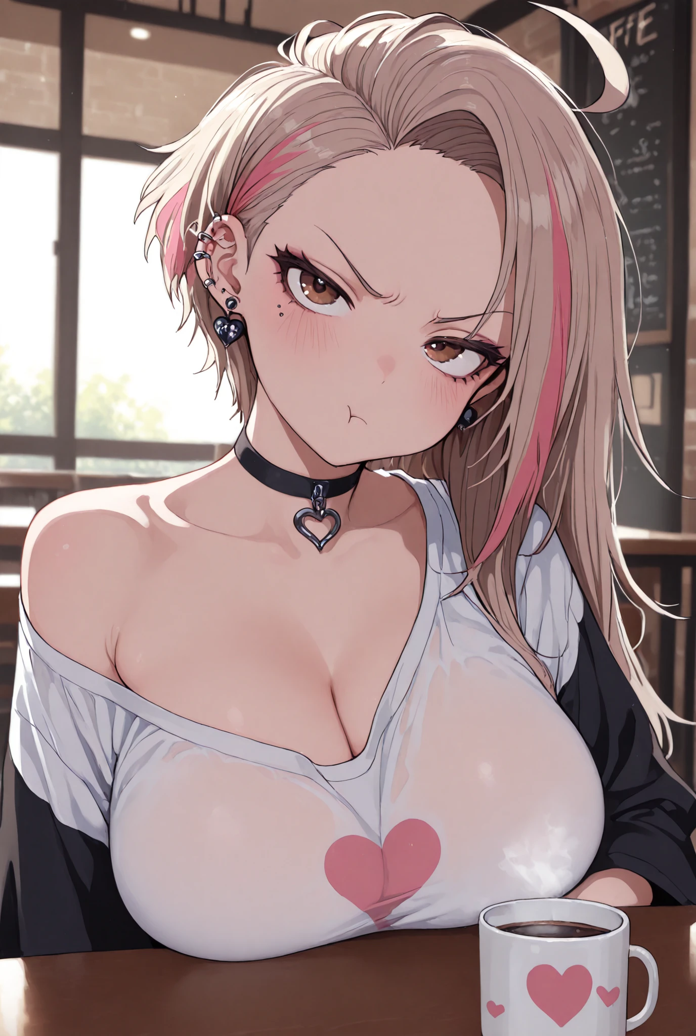 masterpiece, best quality, very aesthetic, absurdres, amazing quality, newest, very awa, highly detailed, fine detail, intricate detail, volumetric lighting, perspective, perfect lighting,
1girl, big breasts solo, brown eyes, very short hair, piercing in the ear, punk girl style, beige hair, long hair, streaked sidelocks, ahoge, cherry earrings, black choker, loose shirt, dropped shoulders, short and wide sleeves, heart print, indoors, cafe, sitting, table, cup, coffee mug, arm rest, making a cute angry pout, head tilt,
