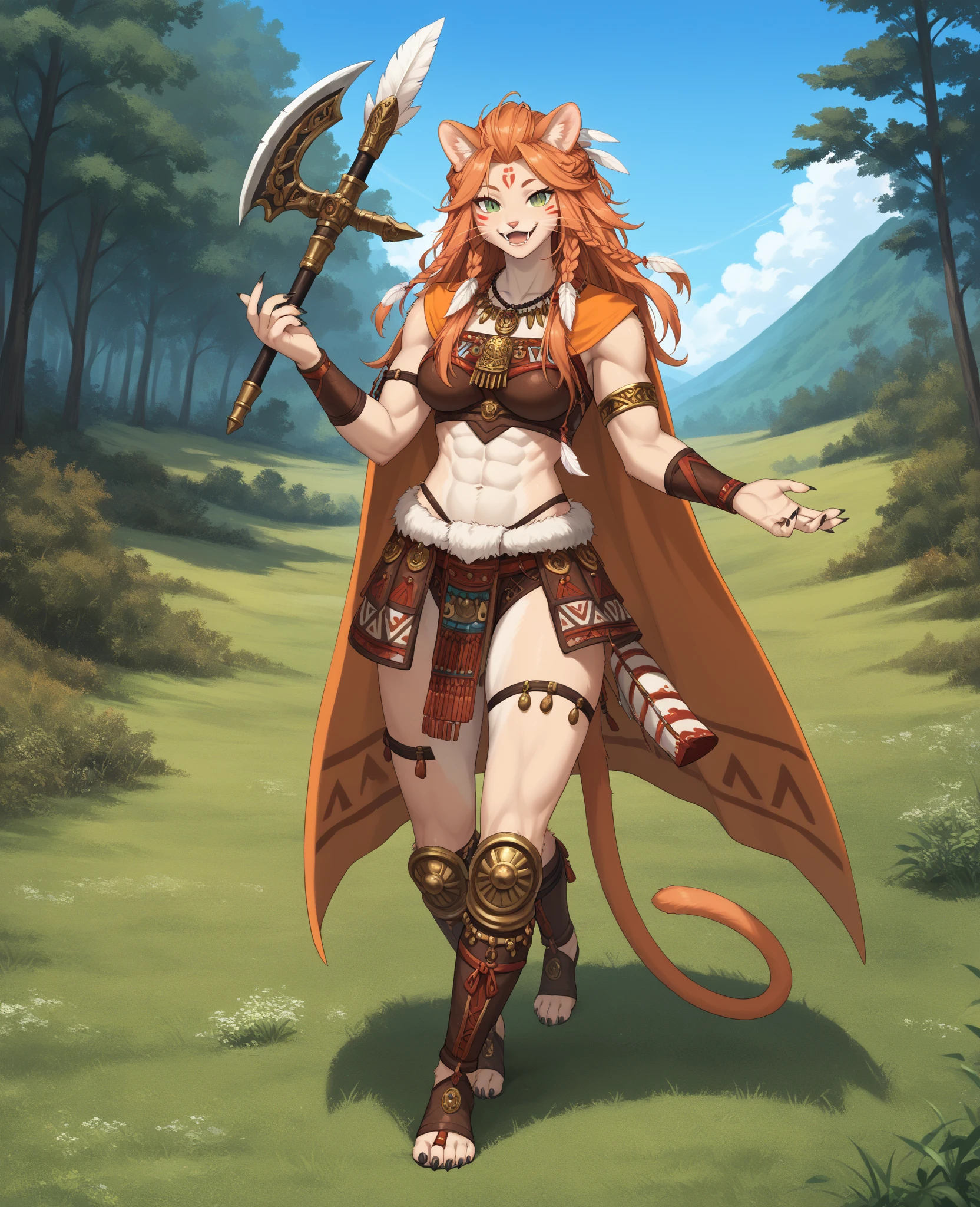 score_9, score_8_up, score_7_up source_anime BREAK solo, 1girl, looking at viewer, 
 Wuklamat, green eyes, orange hair, longm hair,multiple braids, hair slicked back, forehead, facial mark, whiskers, snout, animal ears, feather hair ornament, jewelry, tail, circlet, armlet, armband, tribal, armor, clothed animal, furry, body fur, orange cape, toned, necklace, slit pupils, sharp fingernails, black nails,
medium breasts, smile,  happy, fangs, 
outdoors, nature, blue sky, grass, full body, standing up straight