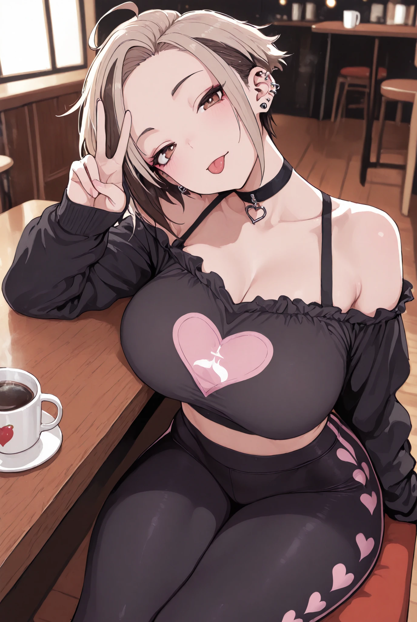 masterpiece, best quality, very aesthetic, absurdres, amazing quality, newest, very awa, highly detailed, fine detail, intricate detail, volumetric lighting, perspective, perfect lighting,
1girl, big breasts solo, brown eyes, very short hair, piercing in the ear, punk girl style, beige hair, long hair, streaked sidelocks, ahoge, cherry earrings, black choker, off-the-shoulder blouse, yoga leggings, long sleeves, off shoulders, heart print, indoors, cafe, sitting, table, cup, coffee mug, arm rest, victory gesture, tongue out, all naughty, head tilt,