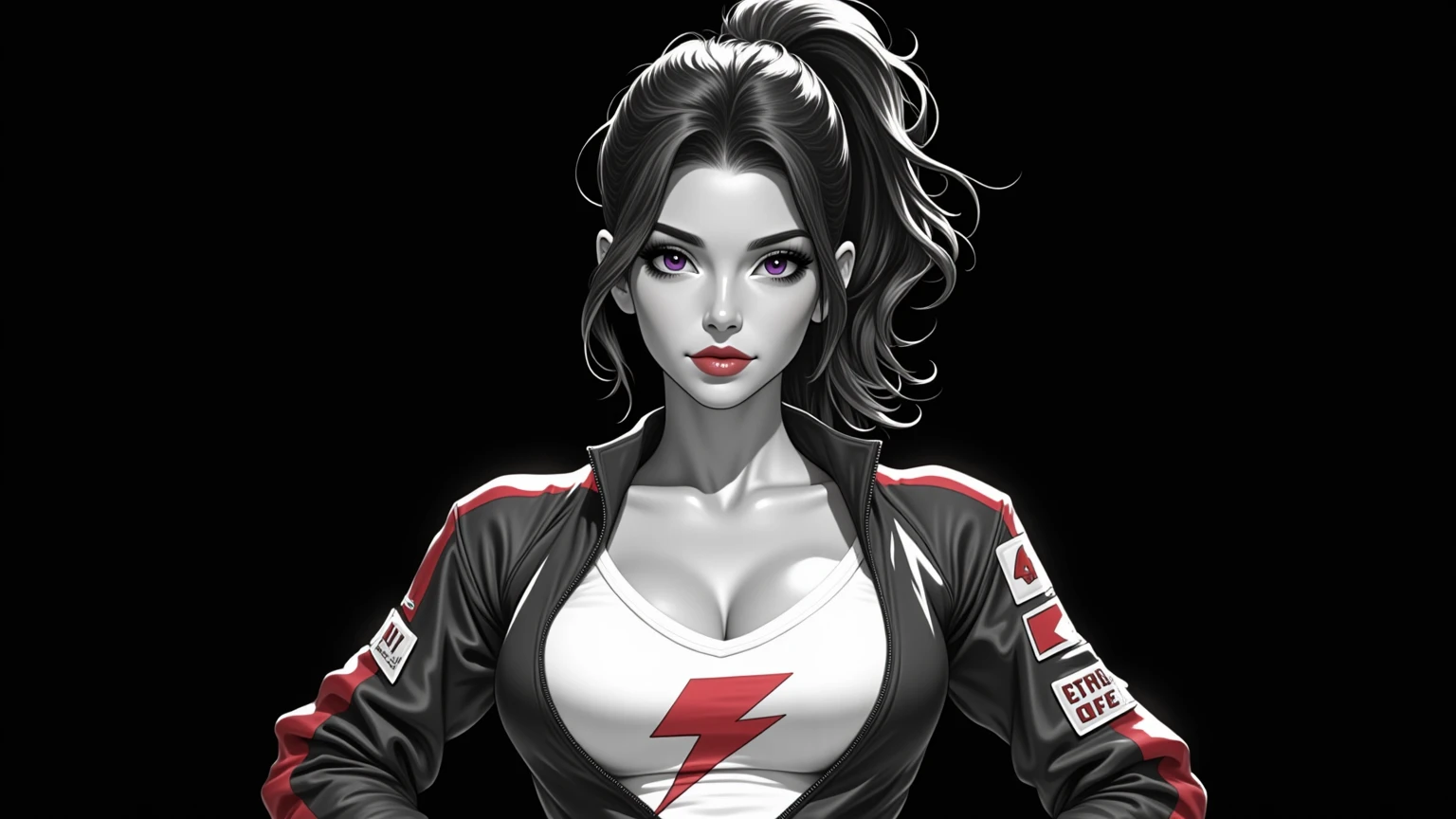 one girl, solo, slender body, fit body, (bust:1.3), (black eyes, beautiful eyes:1.3), black hair, (two cute braids:1.2), masterpiece, highly detailed, look at viewer, front view, (big breasts, exposed breasts, deep cleavage:1.5), (transparent white t-shirt, choker:1.4), (studio lights, fractal art, bright colors, splashes of color background, colors mashing, paint splatter, complimentary colors, neon, compassionate, limited palette:1.1), expressing joy, (thunder, red lightnings, electric:1.4), (nipples:0.9)