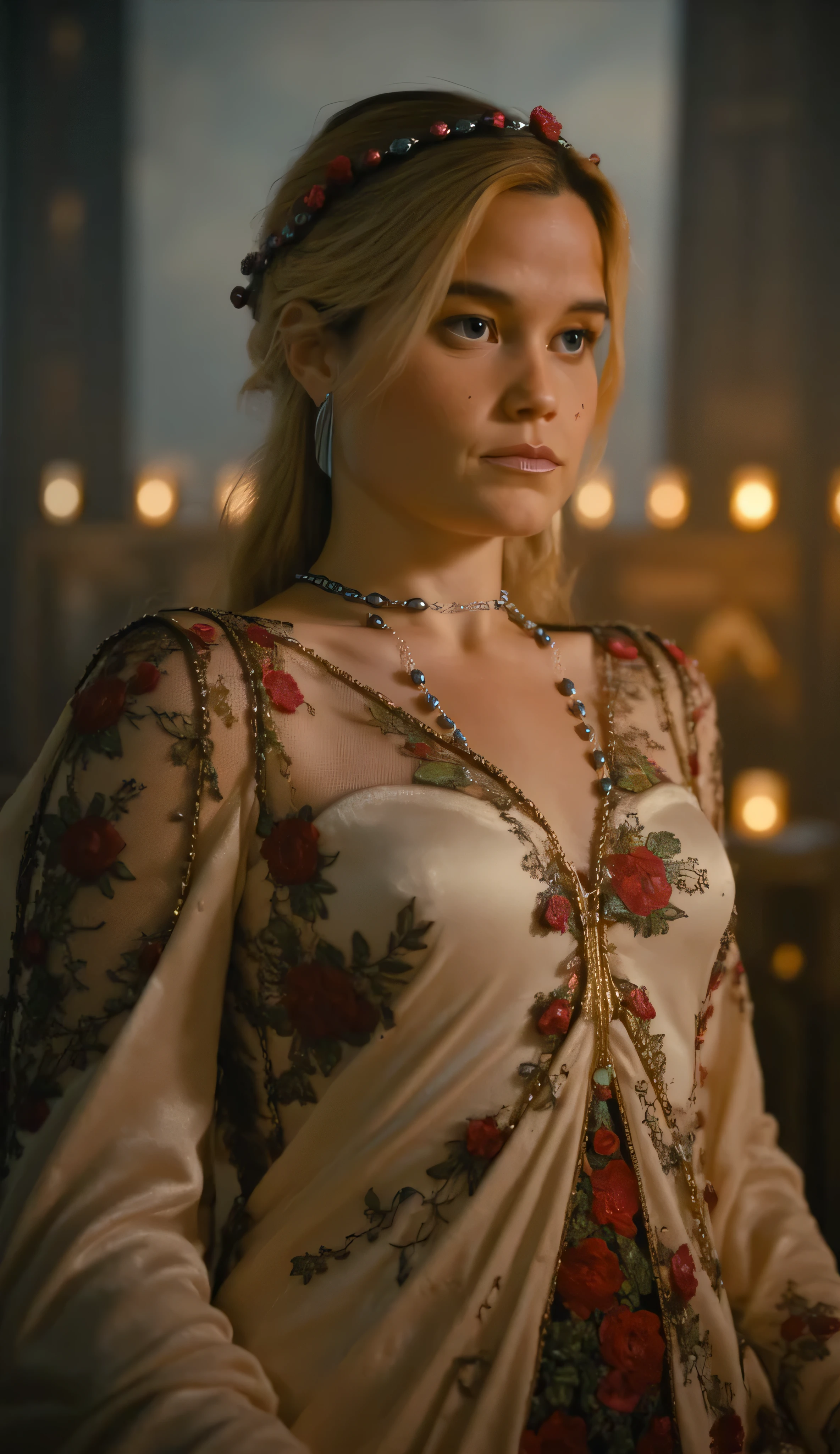 Sarah Catherine Hook as Persephone, cinematic high-fantasy portrait, the goddess of spring, queen of the underworld, stands, twilight realm between life and death, flowing gown of pale ivory and deep crimson, adorned with floral embroidery and golden vines, serene yet mysterious expression, touch of melancholy, blonde hair is partially braided, crowned with a wreath of pomegranates, poppies, shadowy blossoms, glowing embers drift through the dusky air around her, faint skeletal trees rise in the background, soft warm highlights from mortal world, cool shadowy tones of the underworld, mythological ethereal and painterly style, high detail, elegance, 4K resolution, fantasy concept art aesthetic