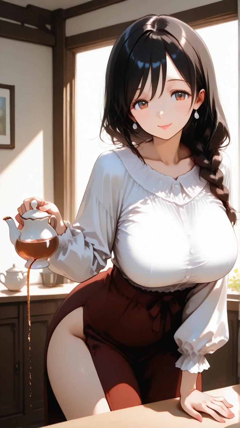 (((masterpiece))), (((best quality))), (((bonfire))), holding a cup, sitting on chair, frills chiffon pajamas, gray chiffon jacket, tent, sunset, camper van, solo, 1girl, gentle smile, cleavage, big breast, collarbone, brown shot hair, ribbon, figure proportion, full-body illustration