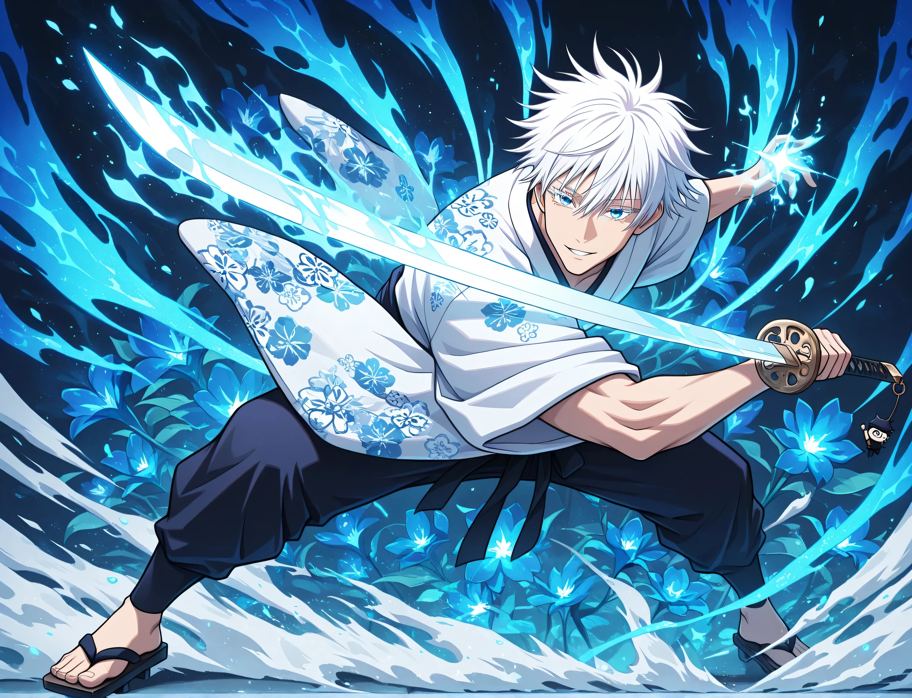 1man, adult, male focus, gojou satoru, jujutsu kaisen, white hair, short hair, ((hair between eyes)), colored eyelashes, white eyelashes, blue eyes, intricate eye iris, detailed eyes, muscular male, sexy man, handsome man, handsome face, white kimono with blue flower patterns, dynamic pose, dynamic composition, katana, sword slash effect, sword aura, ink background, ink splats, full body, bioluminescent elements, magical light, glow bioluminescent elements, glow magical light, mystical atmosphere, captivating atmosphere, ethereal elements, exude charm and wonder